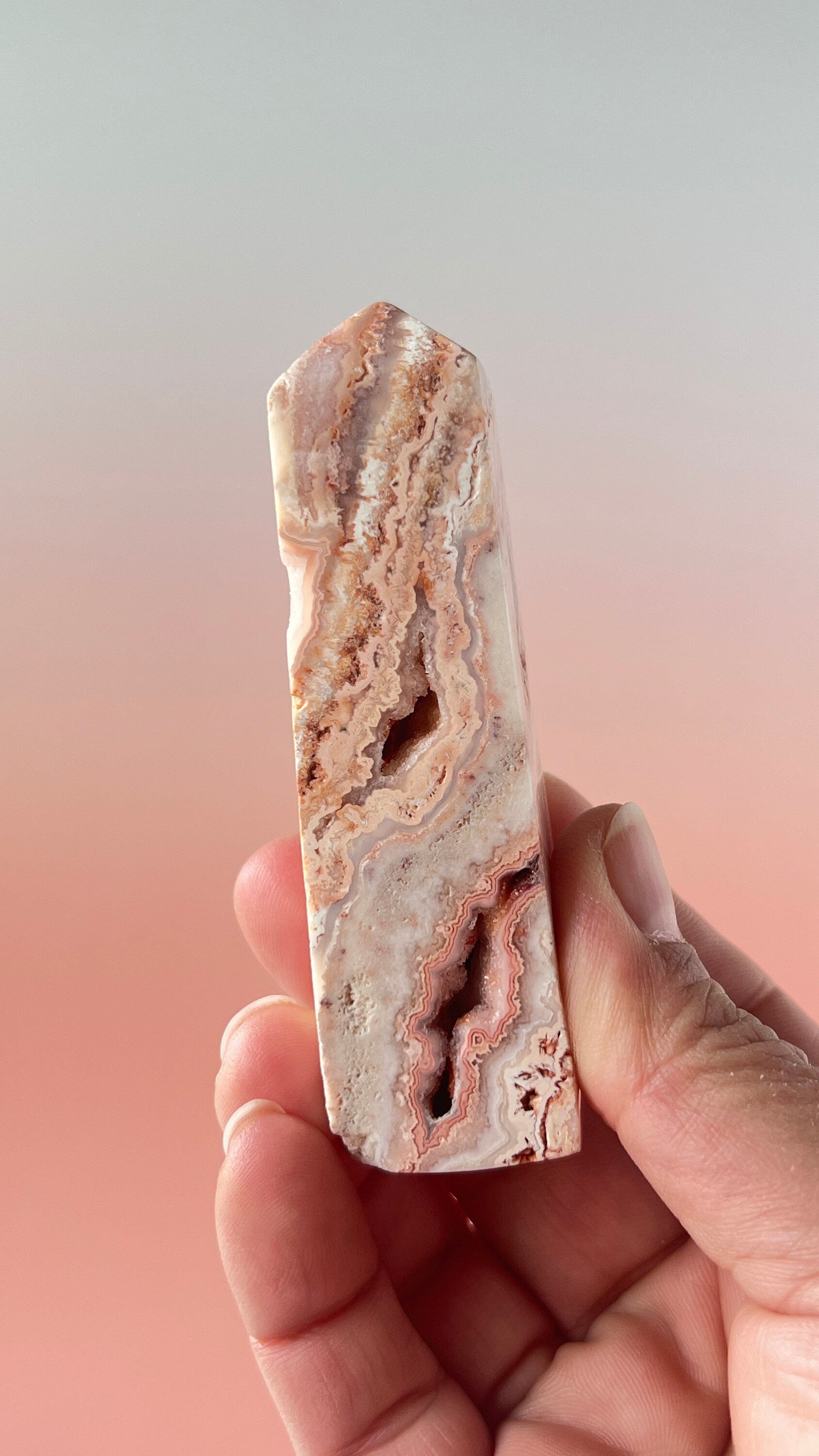 Pink Lace Agate Natural Stone Tower aprox 3 1/2 inches tall weighs 3.7 oz. with stunning druzy