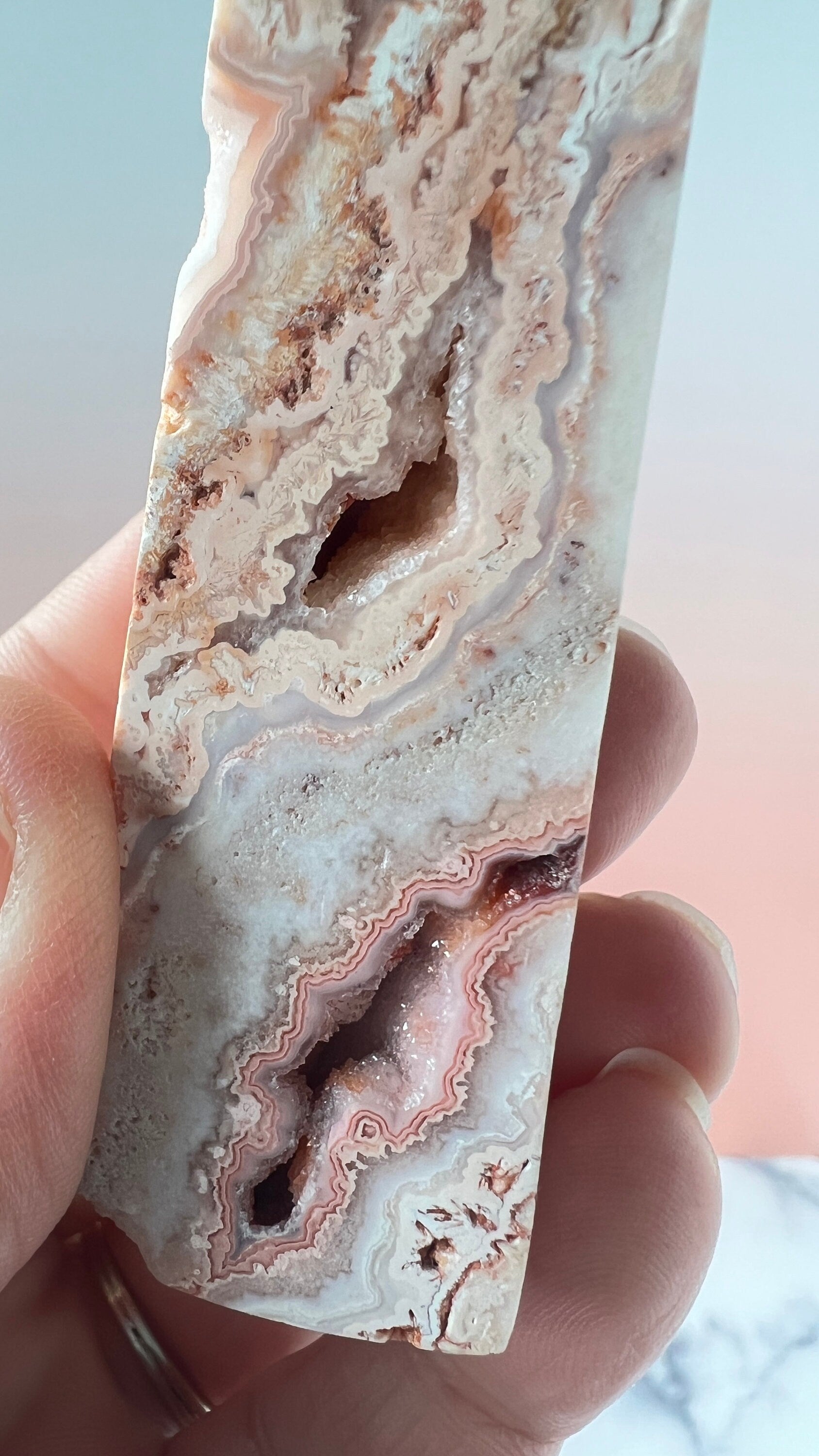Pink Lace Agate Natural Stone Tower aprox 3 1/2 inches tall weighs 3.7 oz. with stunning druzy