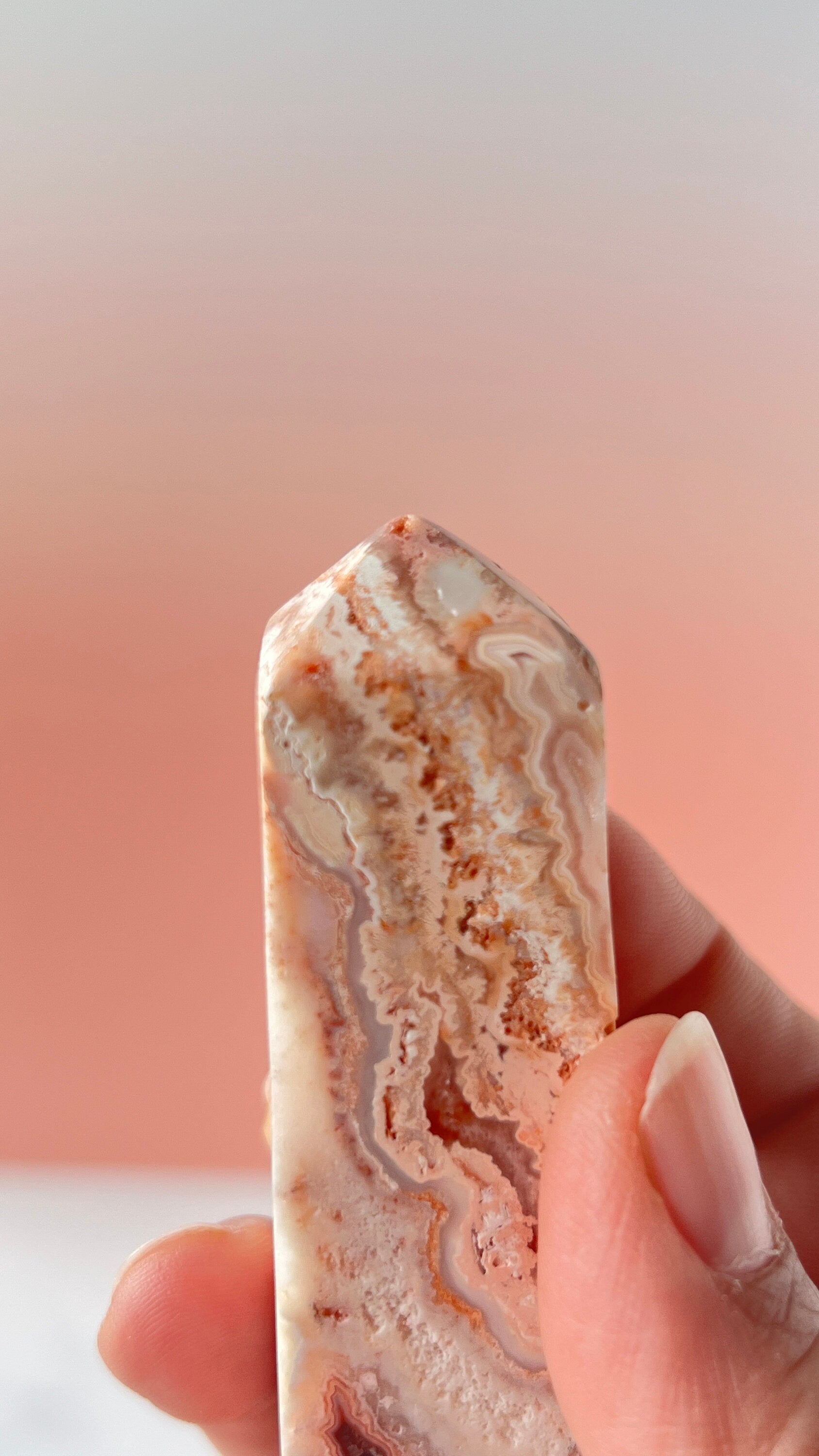 Pink Lace Agate Natural Stone Tower aprox 3 1/2 inches tall weighs 3.7 oz. with stunning druzy