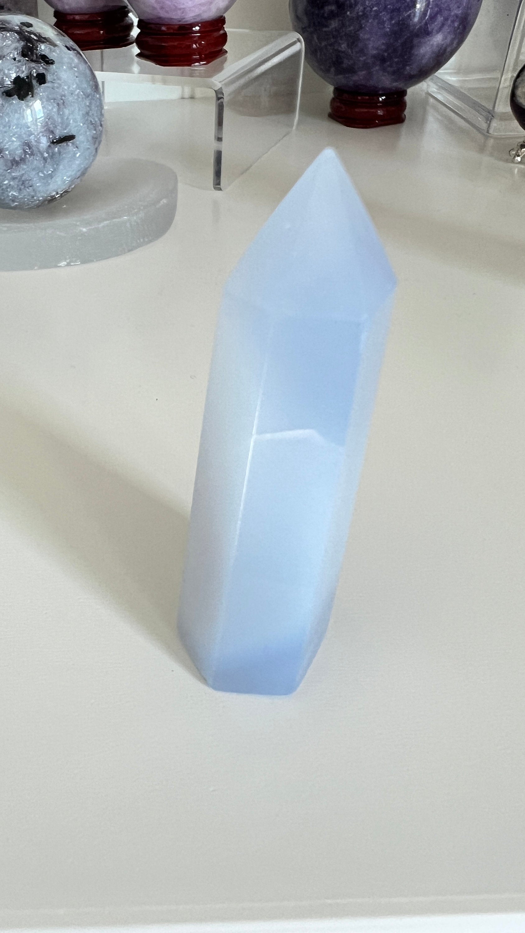 Pretty Blue Chalcedony Tower 2 1/2 inches tall with slight lean and tiny chip in tip. *Discounted*