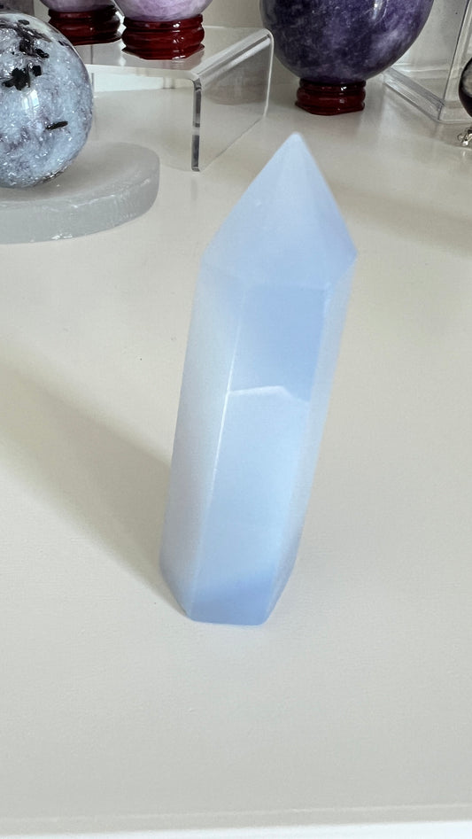 Pretty Blue Chalcedony Tower 2 1/2 inches tall with slight lean and tiny chip in tip. *Discounted*