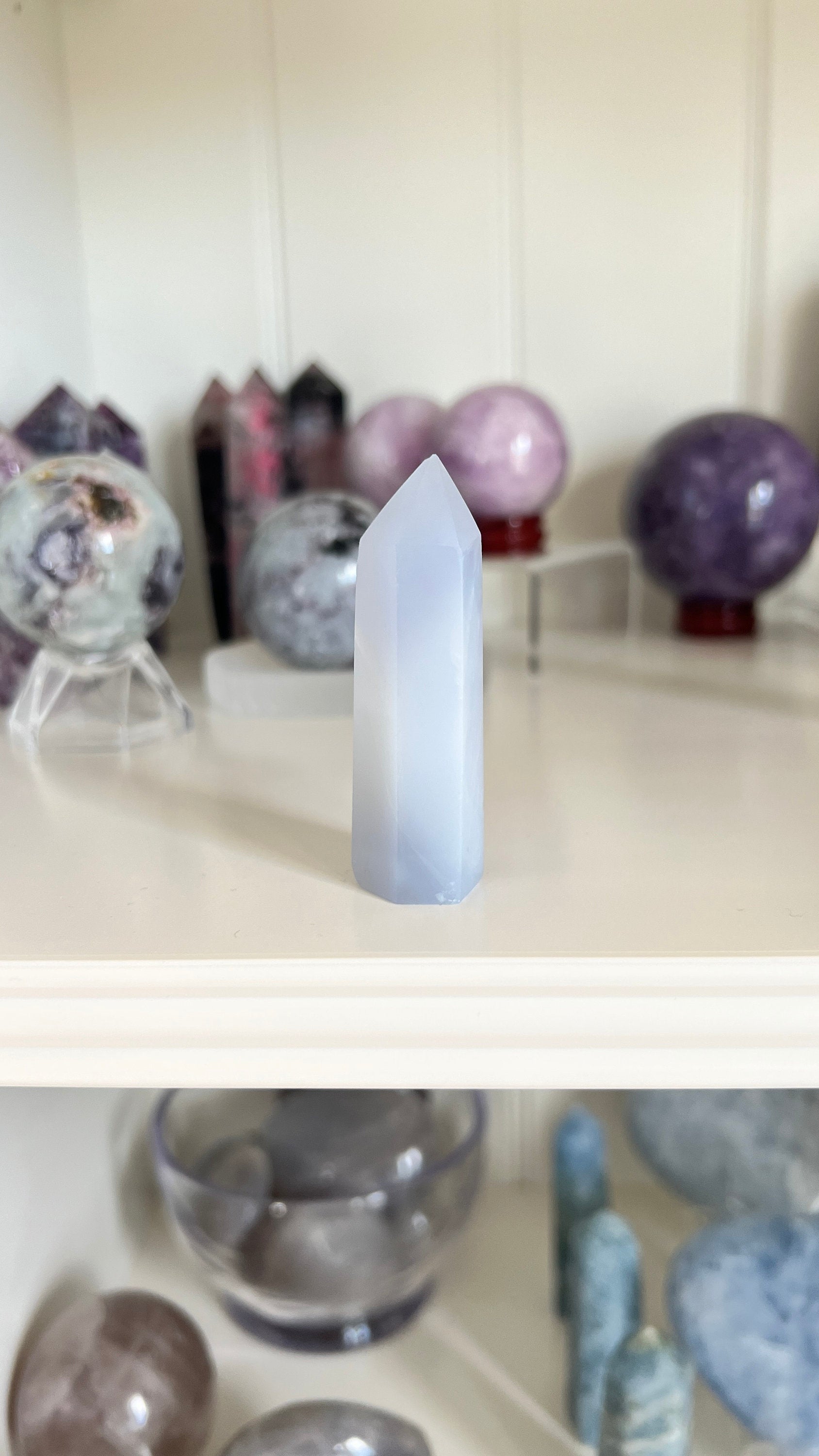 Pretty Blue Chalcedony Tower 2 1/2 inches tall with slight lean and tiny chip in tip. *Discounted*