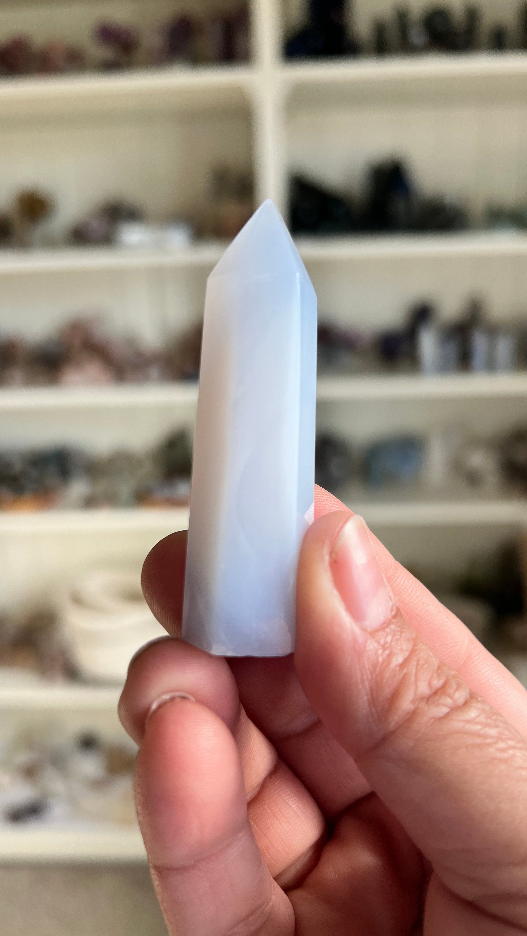 Pretty Blue Chalcedony Tower 2 1/2 inches tall with slight lean and tiny chip in tip. *Discounted*