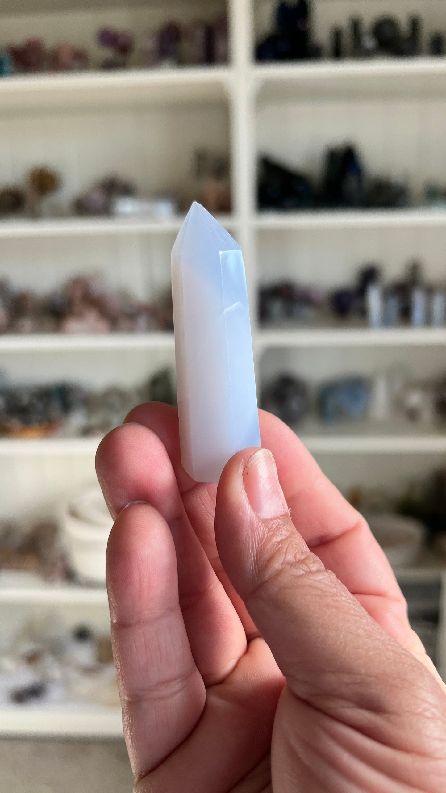 Pretty Blue Chalcedony Tower 2 1/2 inches tall with slight lean and tiny chip in tip. *Discounted*