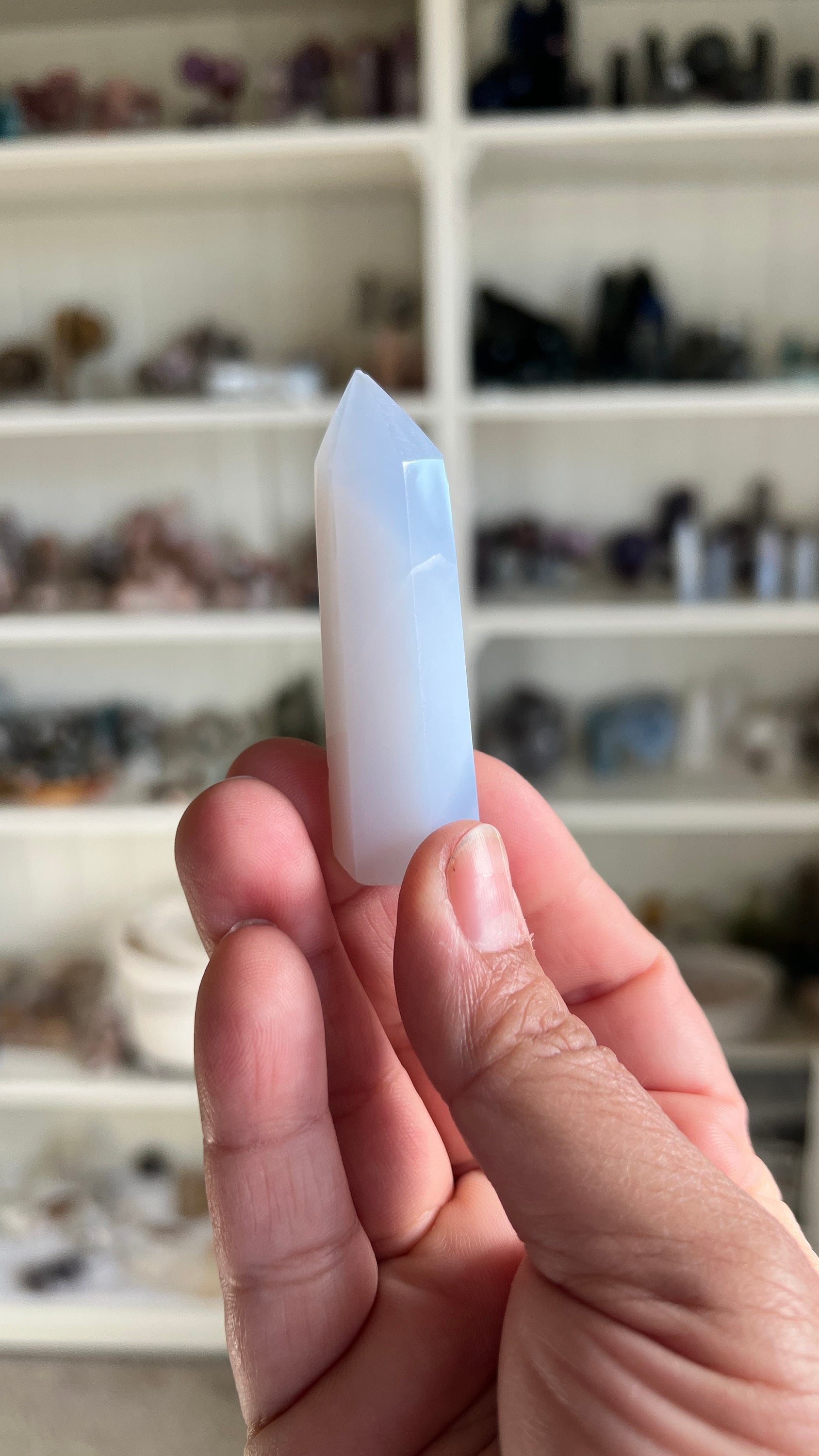 Pretty Blue Chalcedony Tower 2 1/2 inches tall with slight lean and tiny chip in tip. *Discounted*
