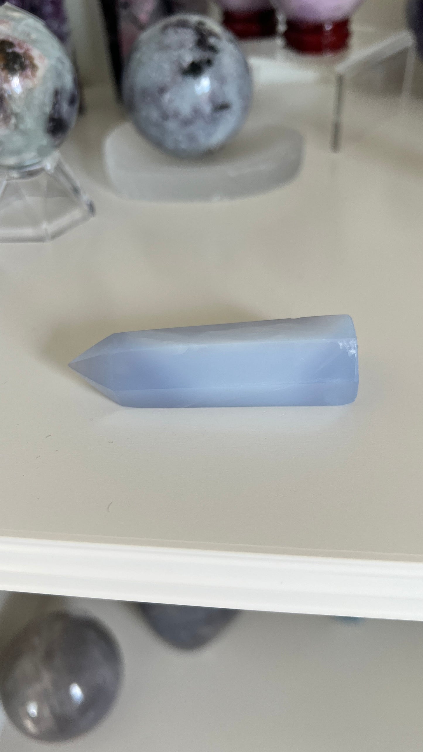 Pretty Blue Chalcedony Tower 2 1/2 inches tall with slight lean and tiny chip in tip. *Discounted*