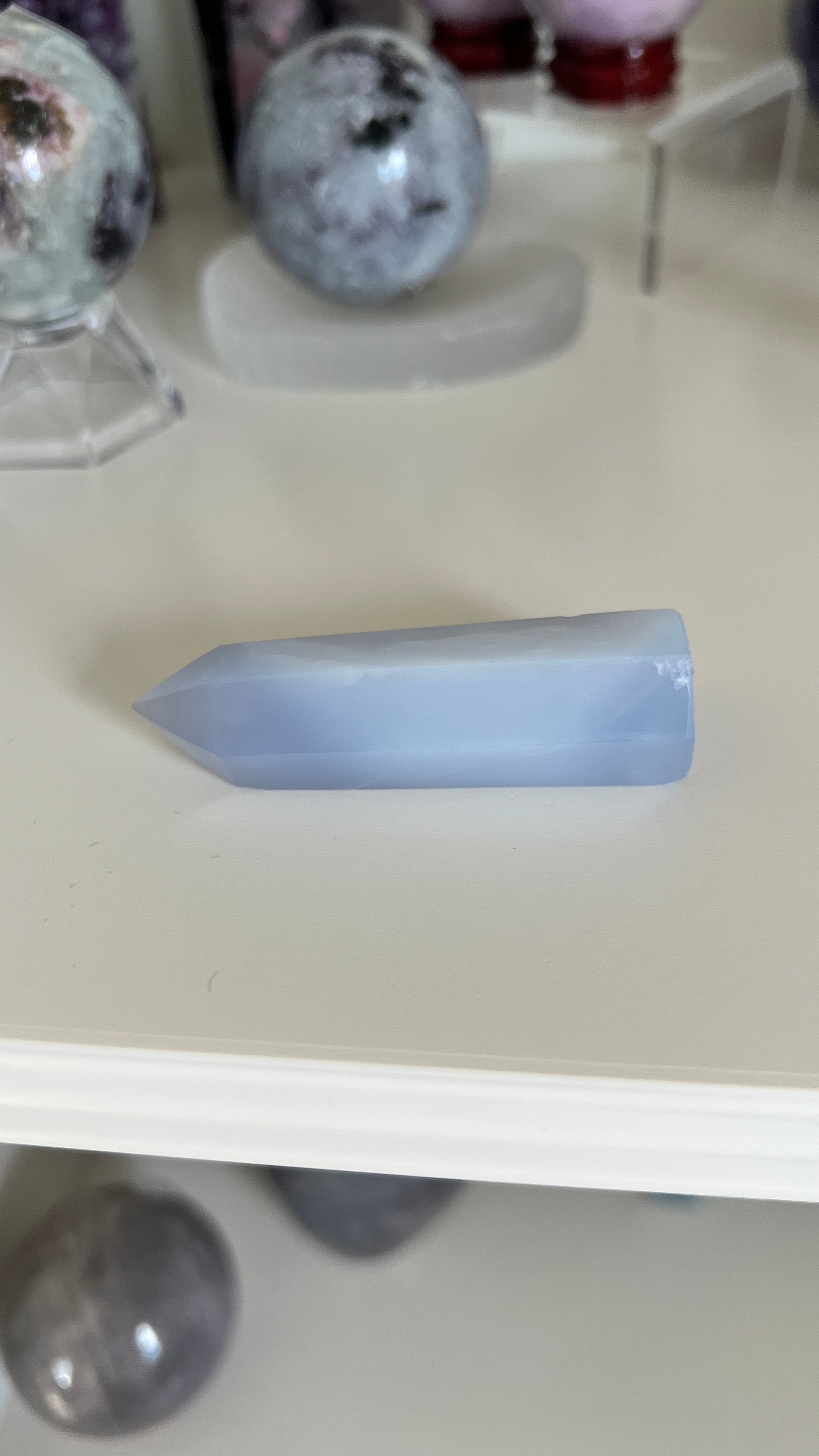 Pretty Blue Chalcedony Tower 2 1/2 inches tall with slight lean and tiny chip in tip. *Discounted*