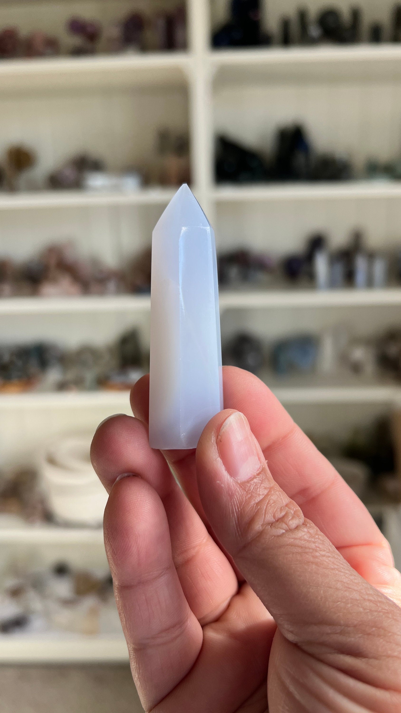 Pretty Blue Chalcedony Tower 2 1/2 inches tall with slight lean and tiny chip in tip. *Discounted*