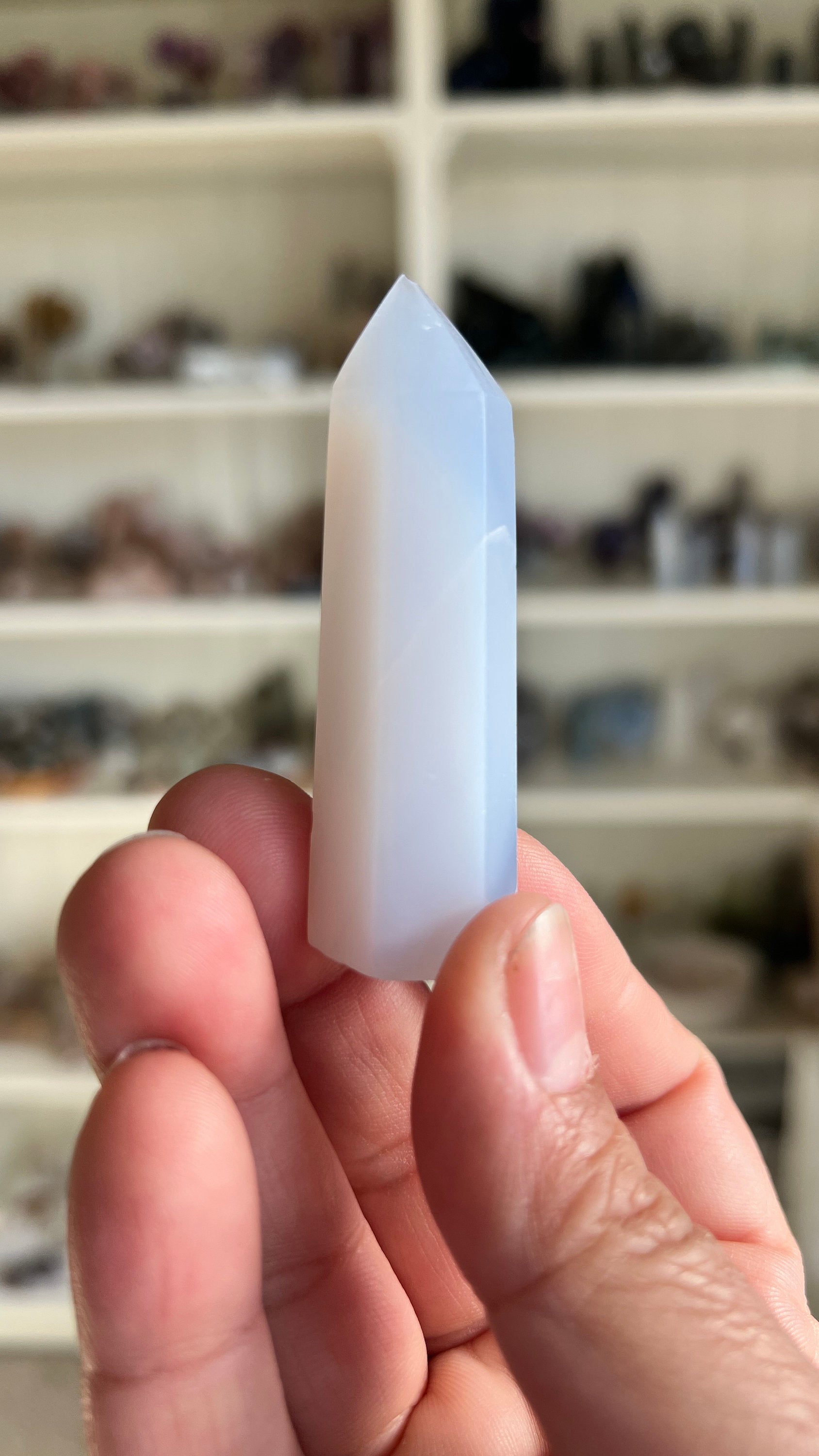 Pretty Blue Chalcedony Tower 2 1/2 inches tall with slight lean and tiny chip in tip. *Discounted*
