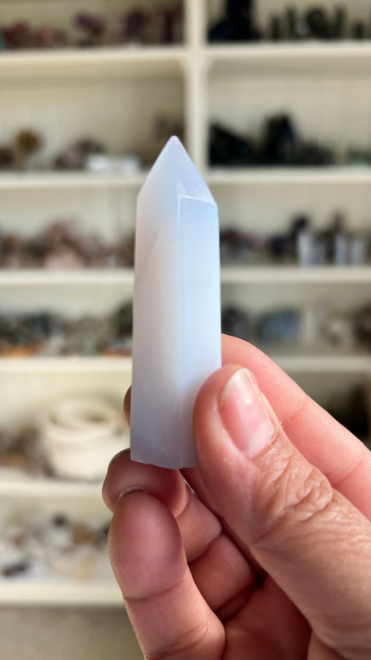 Pretty Blue Chalcedony Tower 2 1/2 inches tall with slight lean and tiny chip in tip. *Discounted*