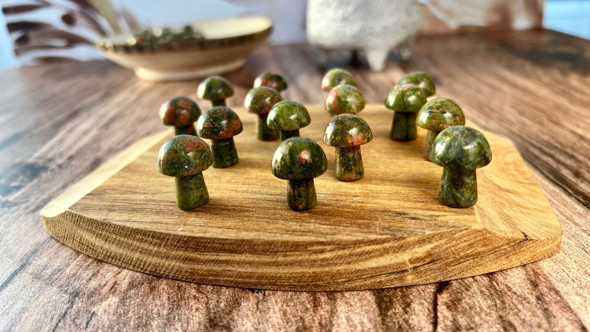 Unakite Mini Mushroom - 20mm Tall. One (1) intuitively chosen for you. Perfect for the fungi lover in your life.