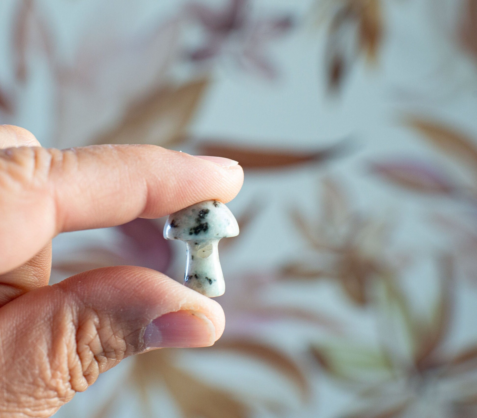 Kiwi Jasper Mini Mushroom - 20mm Tall. One (1) intuitively chosen for you. Perfect for the fungi lover in your life.