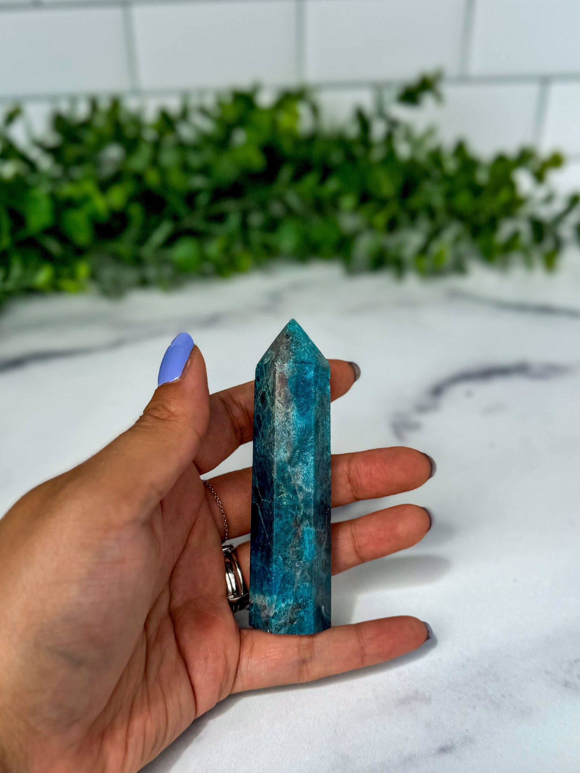 Blue Apatite Crystal Tower, 3 3/4 inch Blue Crystal Gemstone Decor for home or office. Great gift for rockhounds and crystal lovers.