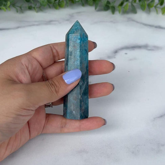 Blue Apatite Crystal Tower, 3 3/4 inch Blue Crystal Gemstone Decor for home or office. Great gift for rockhounds and crystal lovers.