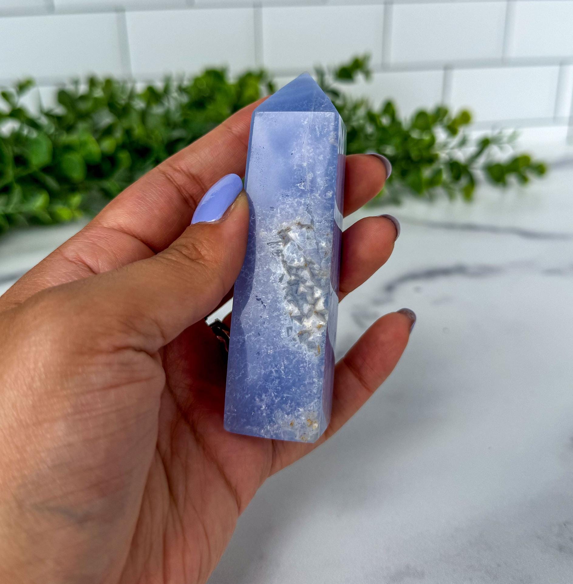 Blue Lace Agate Tower with gorgeous patterns that are both orbicular and lacey. A truly stunning and unique piece.