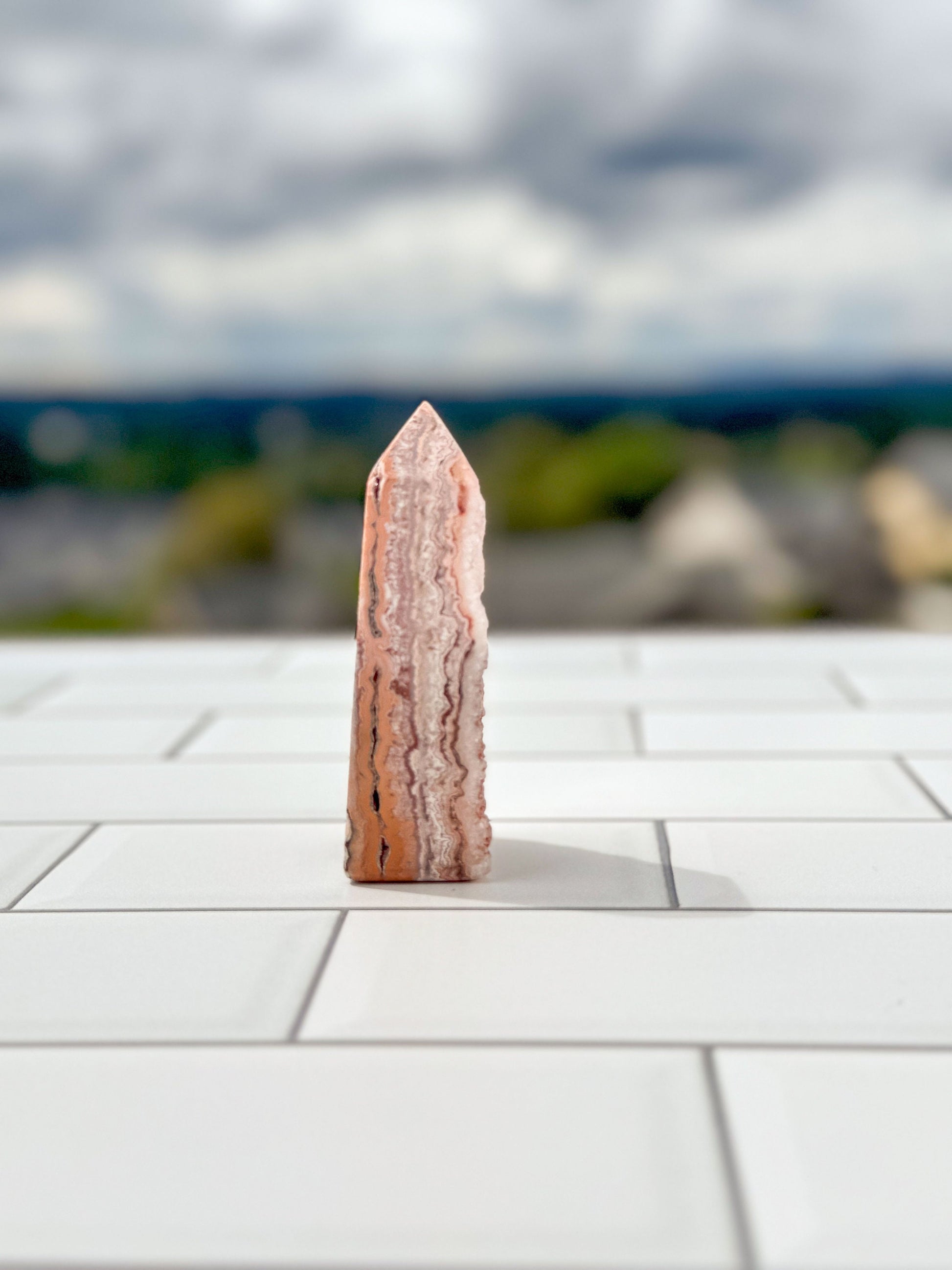 Gorgeous Pink Lace Agate Tower with Sparkling Druzy, approx 3 Inches tall, Gorgeous Decorative Gemstone perfect for a Pink Room. 4 sided