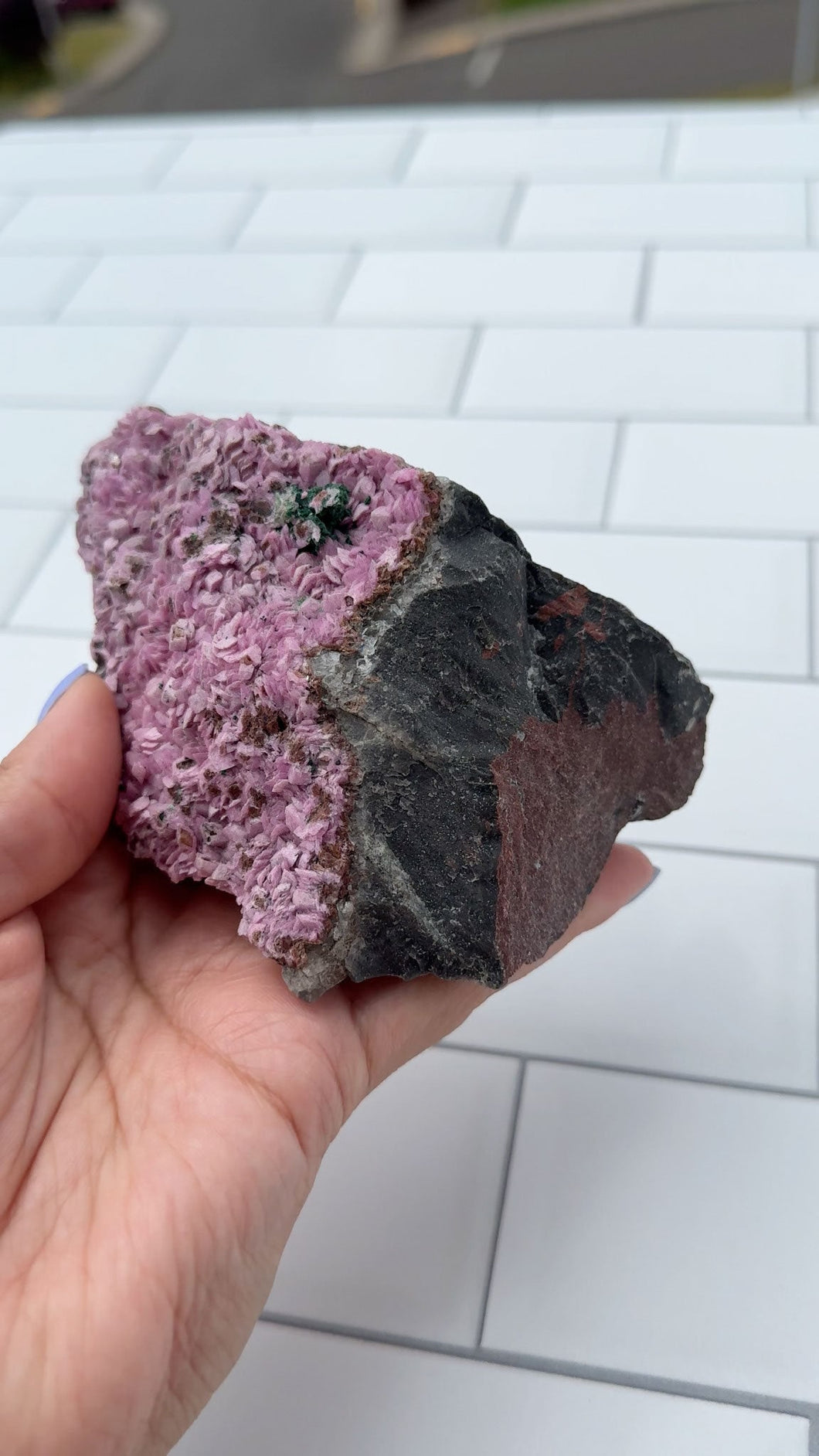 Pink Cobalto Calcite Raw Specimen on Matrix with a small amount of Malachite inclusion