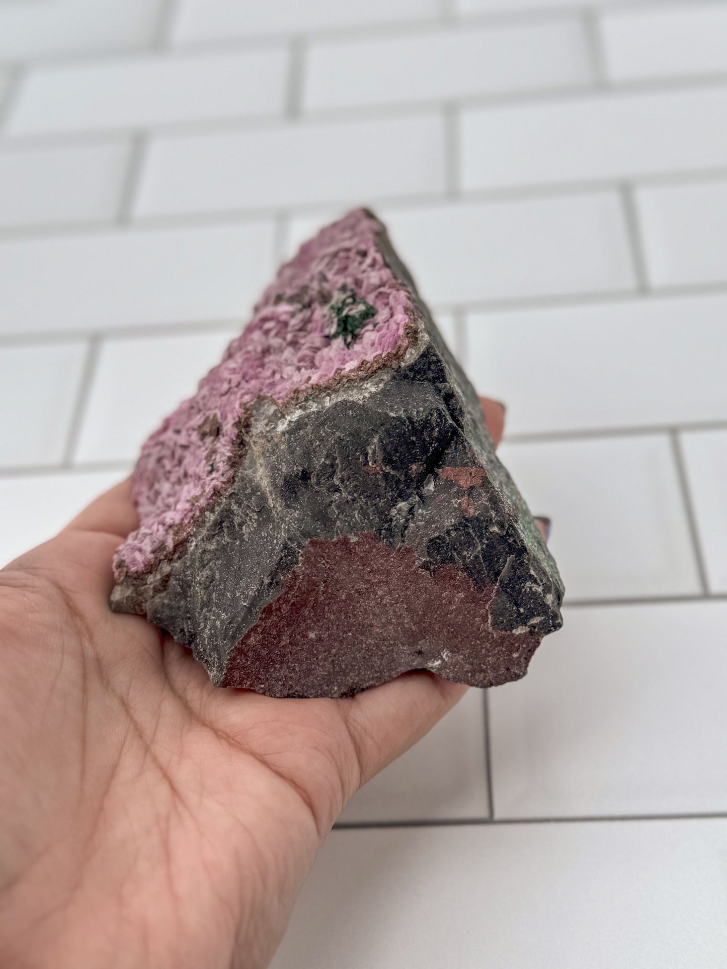 Pink Cobalto Calcite Raw Specimen on Matrix with a small amount of Malachite inclusion