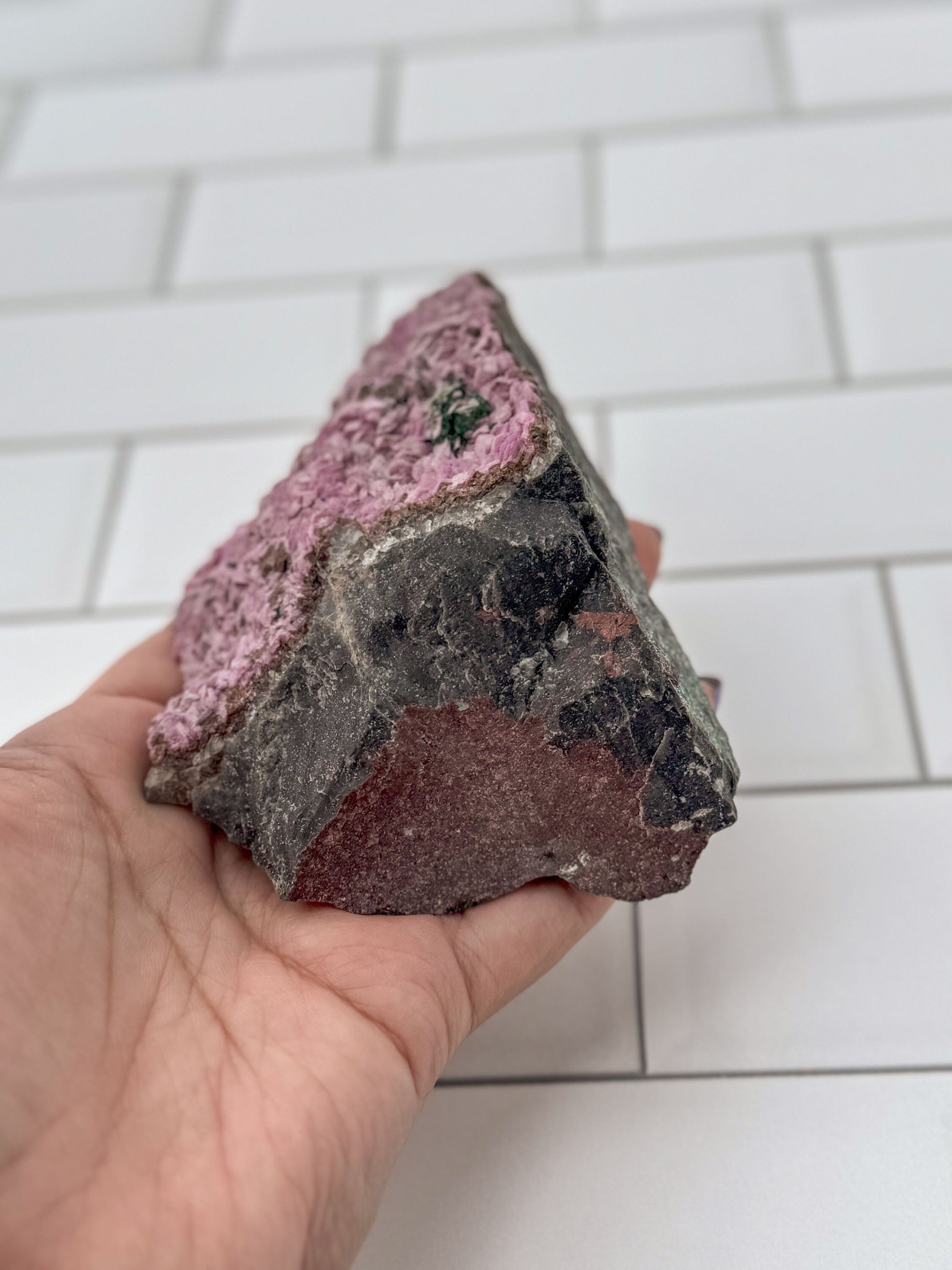 Pink Cobalto Calcite Raw Specimen on Matrix with a small amount of Malachite inclusion
