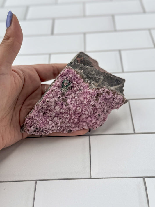 Pink Cobalto Calcite Raw Specimen on Matrix with a small amount of Malachite inclusion