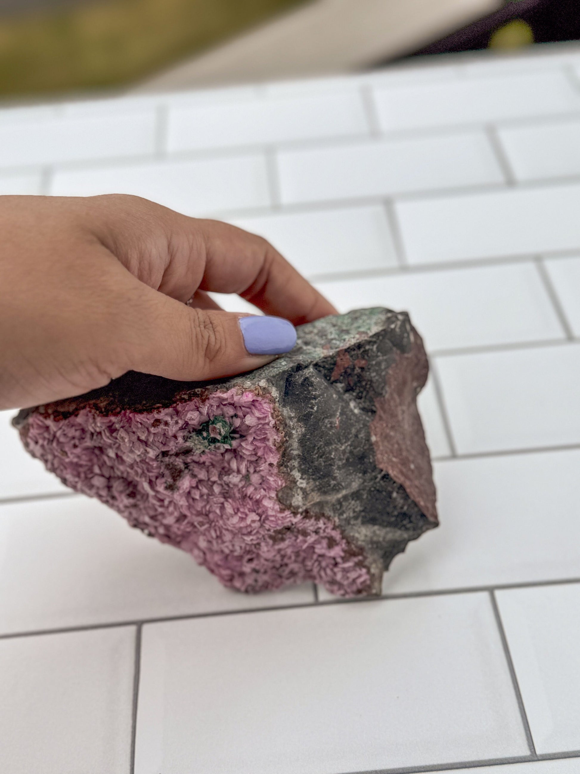 Pink Cobalto Calcite Raw Specimen on Matrix with a small amount of Malachite inclusion