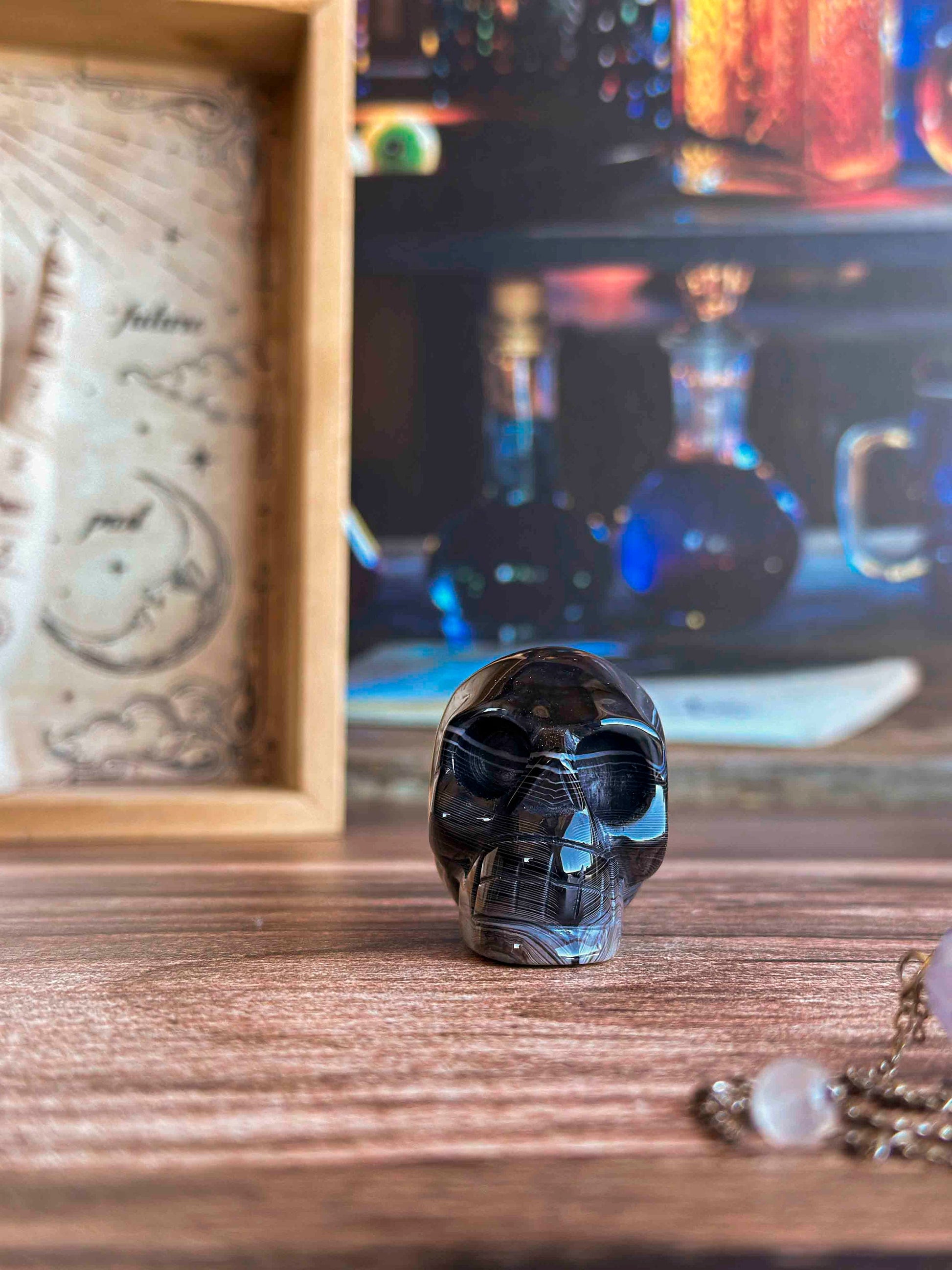Black Onyx Crystal Skull | Stunning Gemstone Skull | Gothic Halloween Decor for lovers of the macabre and esoteric (smokyskull_1)