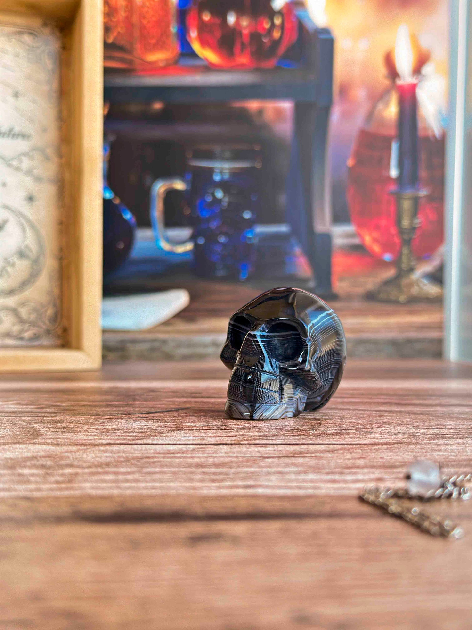 Black Onyx Crystal Skull | Stunning Gemstone Skull | Gothic Halloween Decor for lovers of the macabre and esoteric (smokyskull_1)