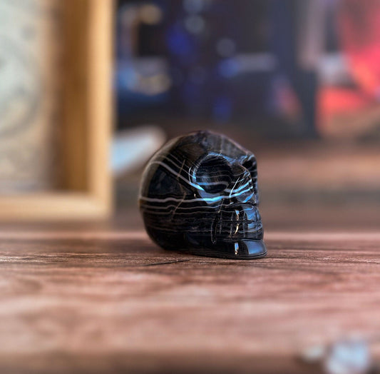 Black Onyx Crystal Skull | Stunning Gemstone Skull | Gothic Halloween Decor for lovers of the macabre and esoteric (smokyskull_4)