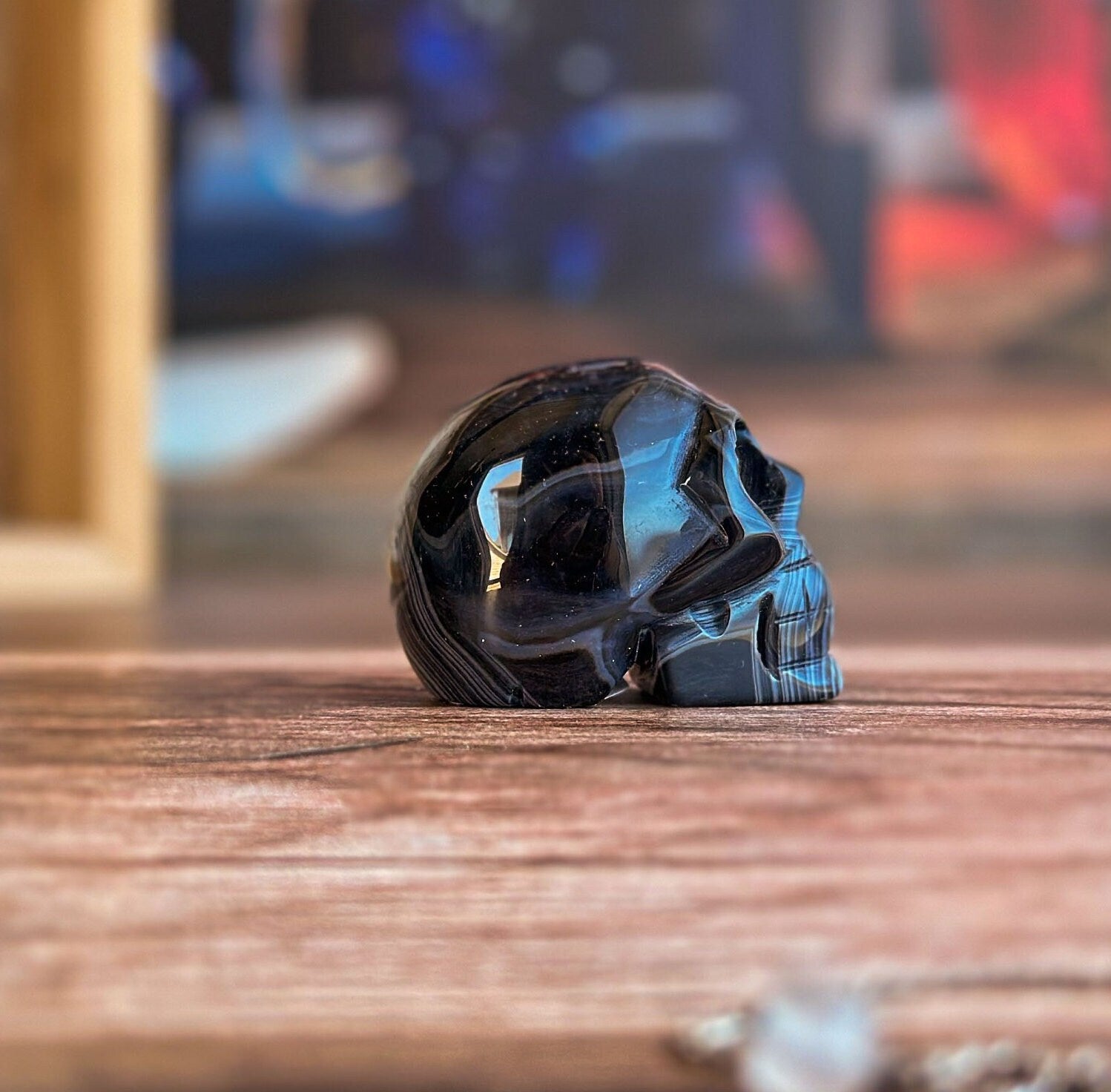 Black Onyx Crystal Skull | Stunning Gemstone Skull | Gothic Halloween Decor for lovers of the macabre and esoteric (smokyskull_3)
