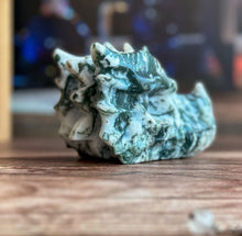 Load image into Gallery viewer, Tree Agate Dragon Head Carving | Green and white Crystal Dragon Head | Fantasy Decor for Collectors (2211-j30-TREMSS-DRGNHD-3)
