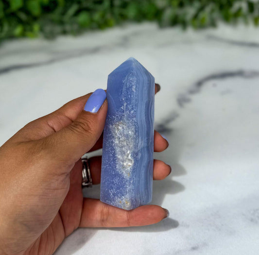 Blue Lace Agate Tower with gorgeous patterns that are both orbicular and lacey. A truly stunning and unique piece.
