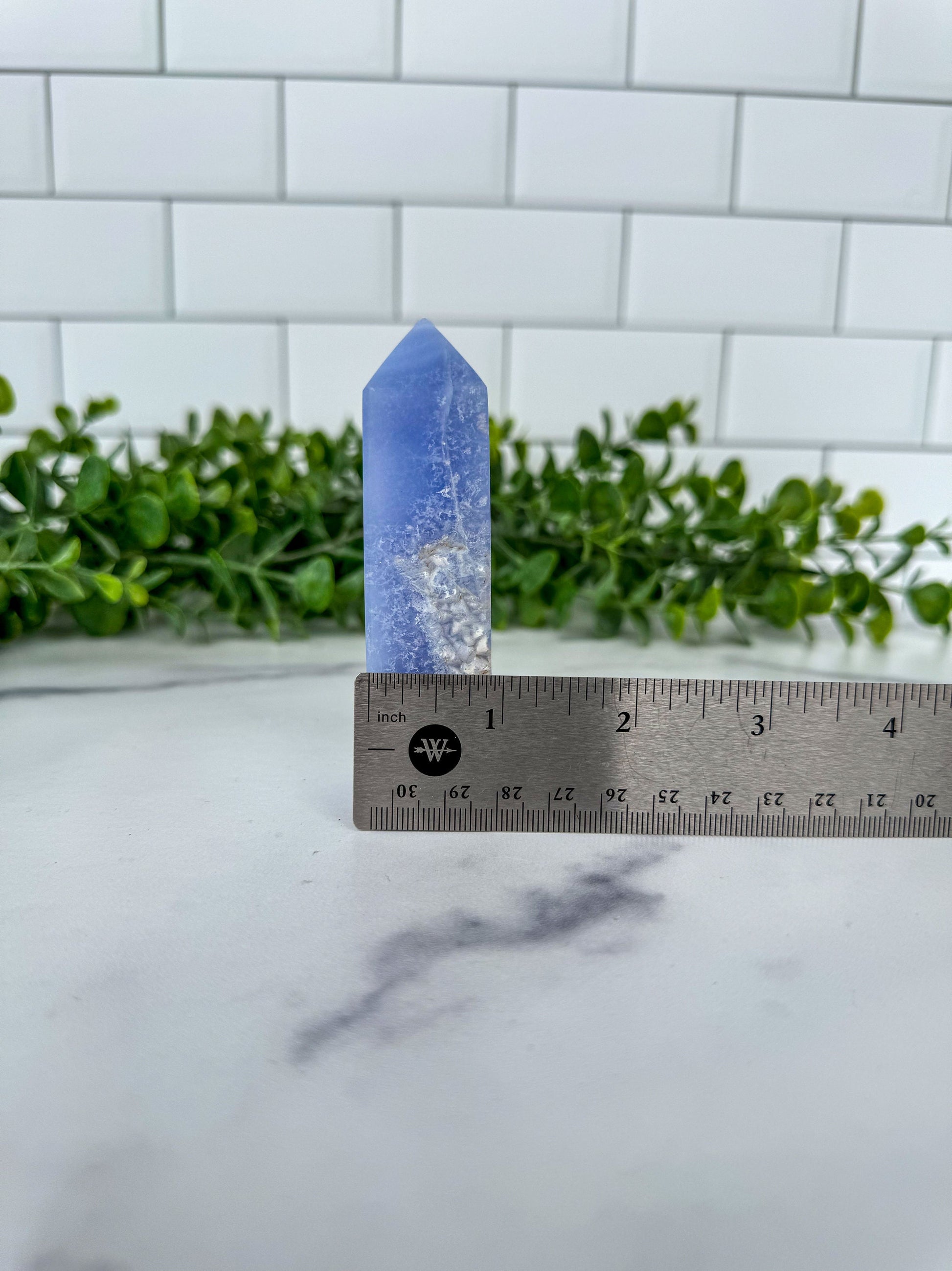 Blue Lace Agate Tower with gorgeous patterns that are both orbicular and lacey. A truly stunning and unique piece.