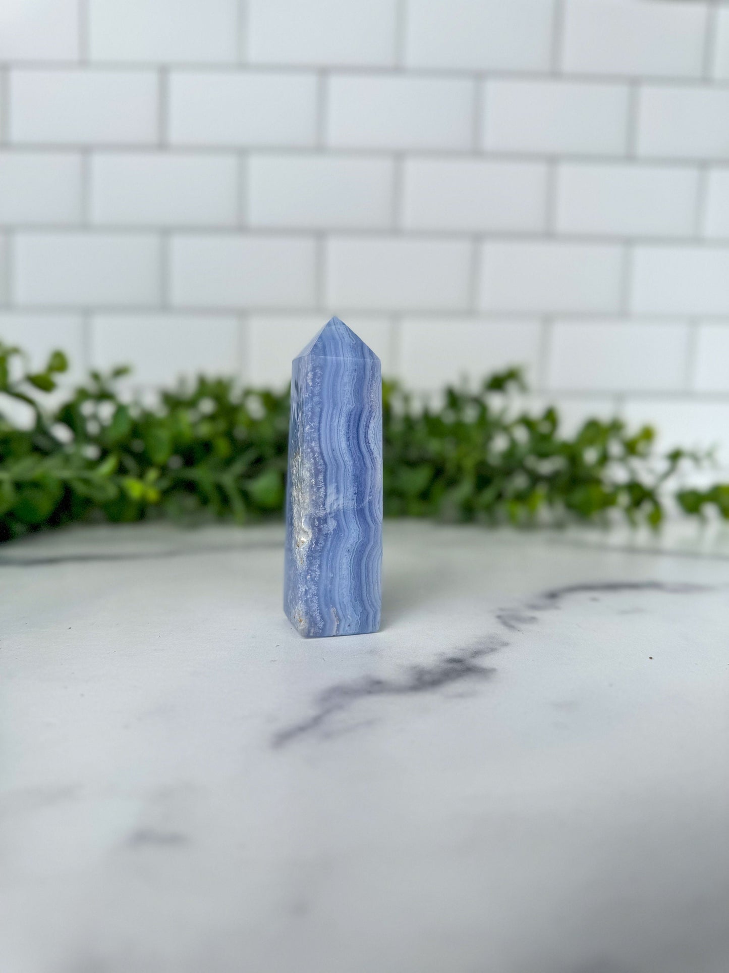Blue Lace Agate Tower with gorgeous patterns that are both orbicular and lacey. A truly stunning and unique piece.