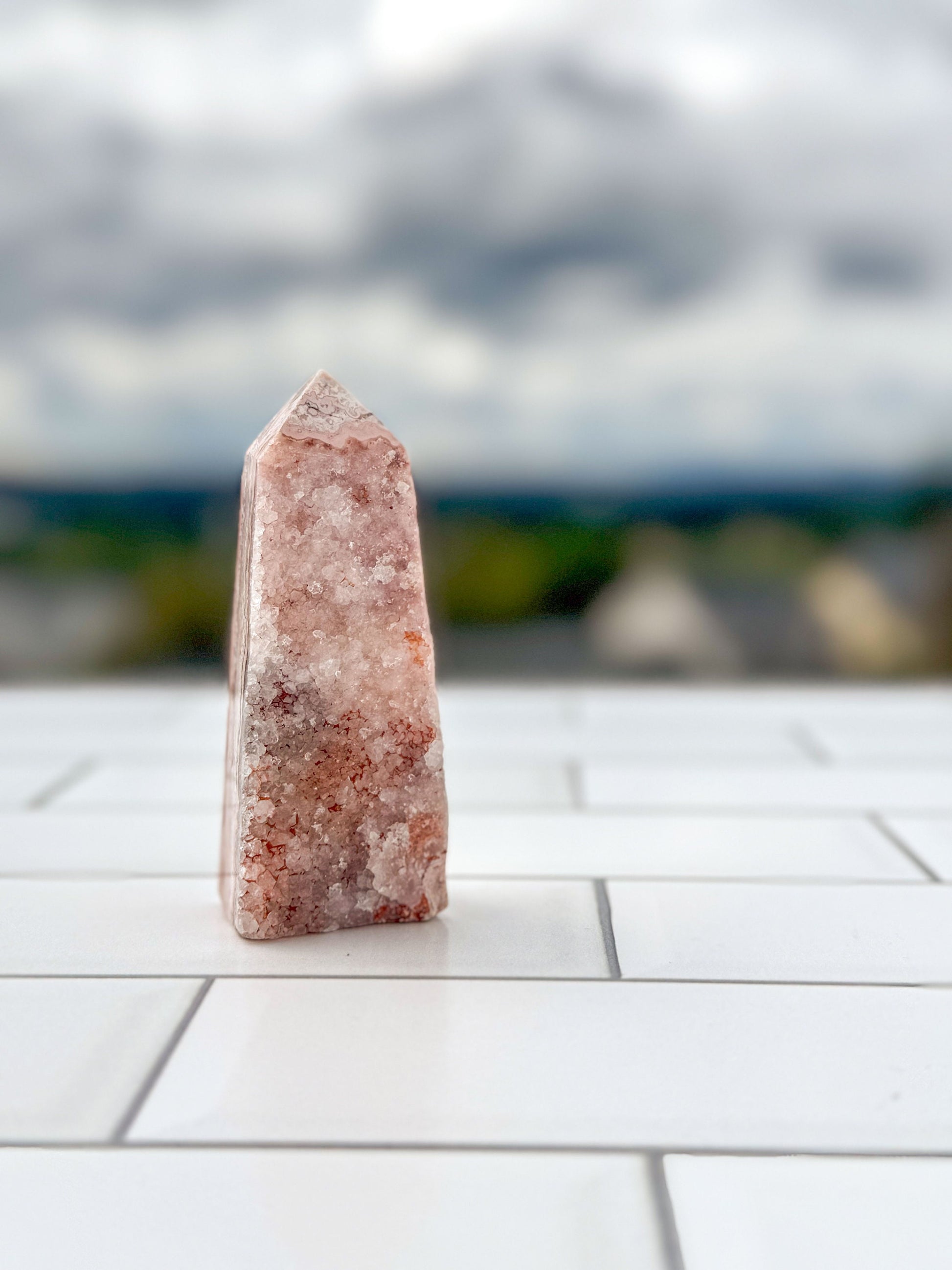 Gorgeous Pink Lace Agate Tower with Sparkling Druzy, approx 3 Inches tall, Gorgeous Decorative Gemstone perfect for a Pink Room. 4 sided
