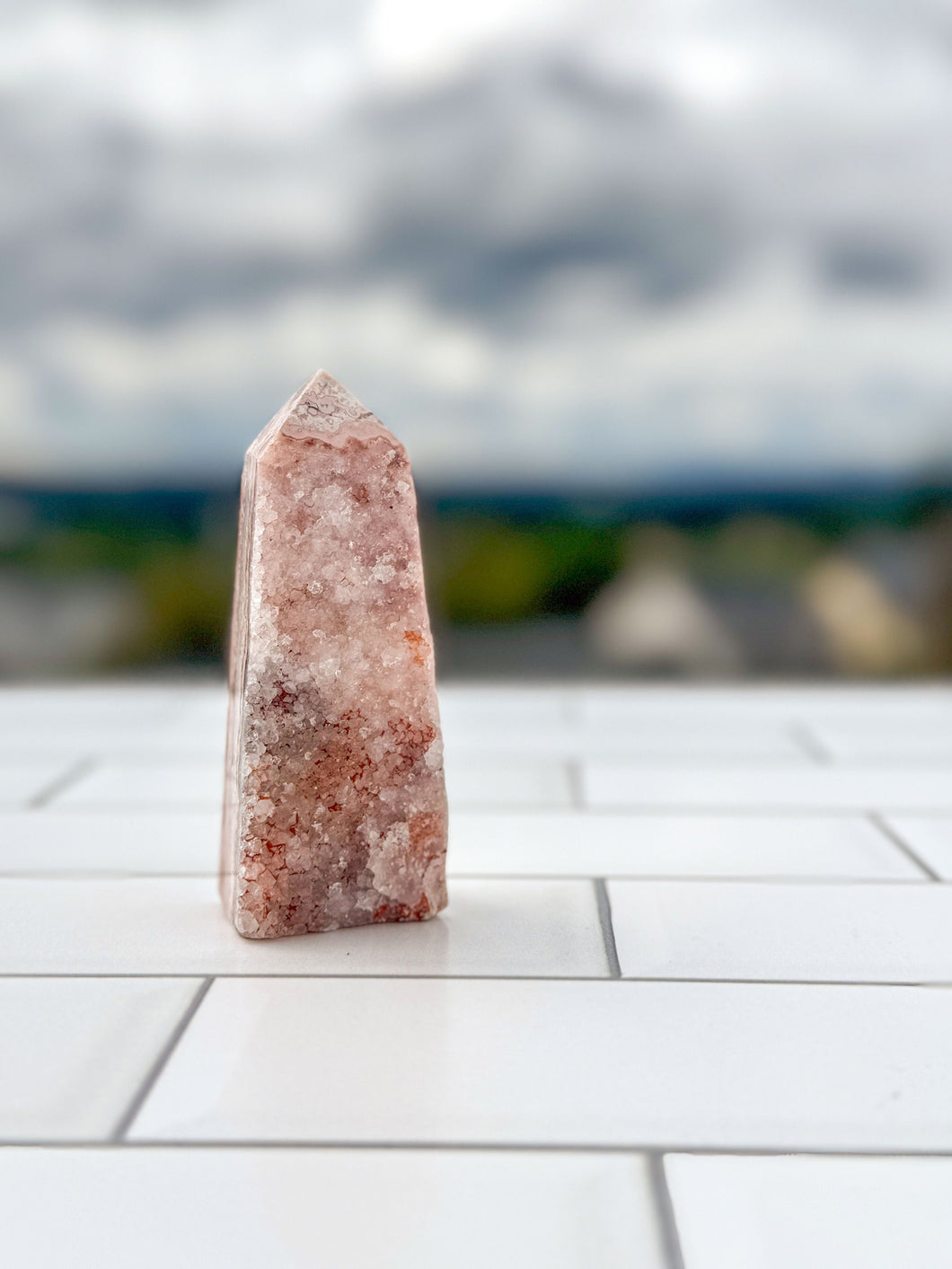 Gorgeous Pink Lace Agate Tower with Sparkling Druzy, approx 3 Inches tall, Gorgeous Decorative Gemstone perfect for a Pink Room. 4 sided