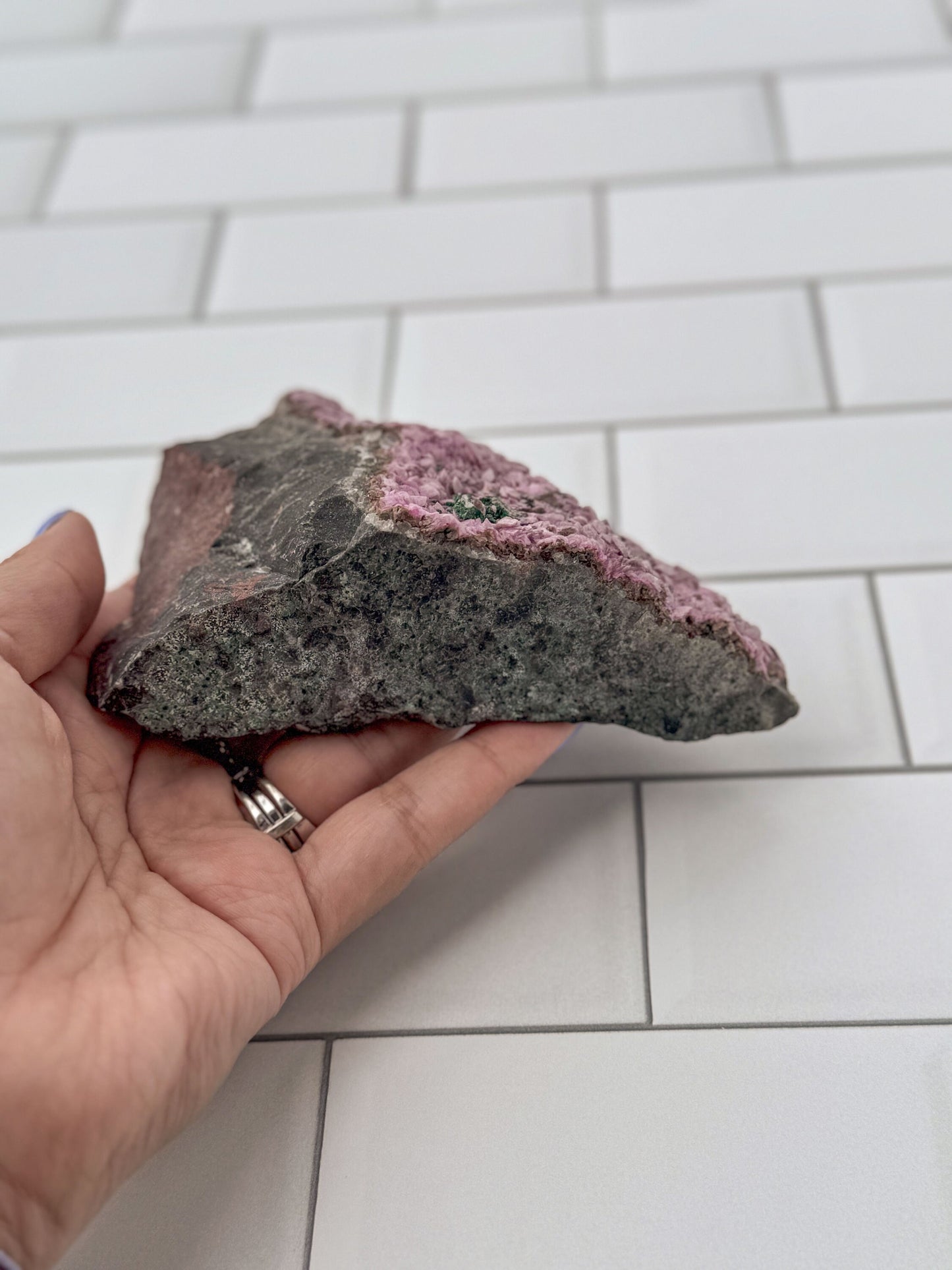 Pink Cobalto Calcite Raw Specimen on Matrix with a small amount of Malachite inclusion
