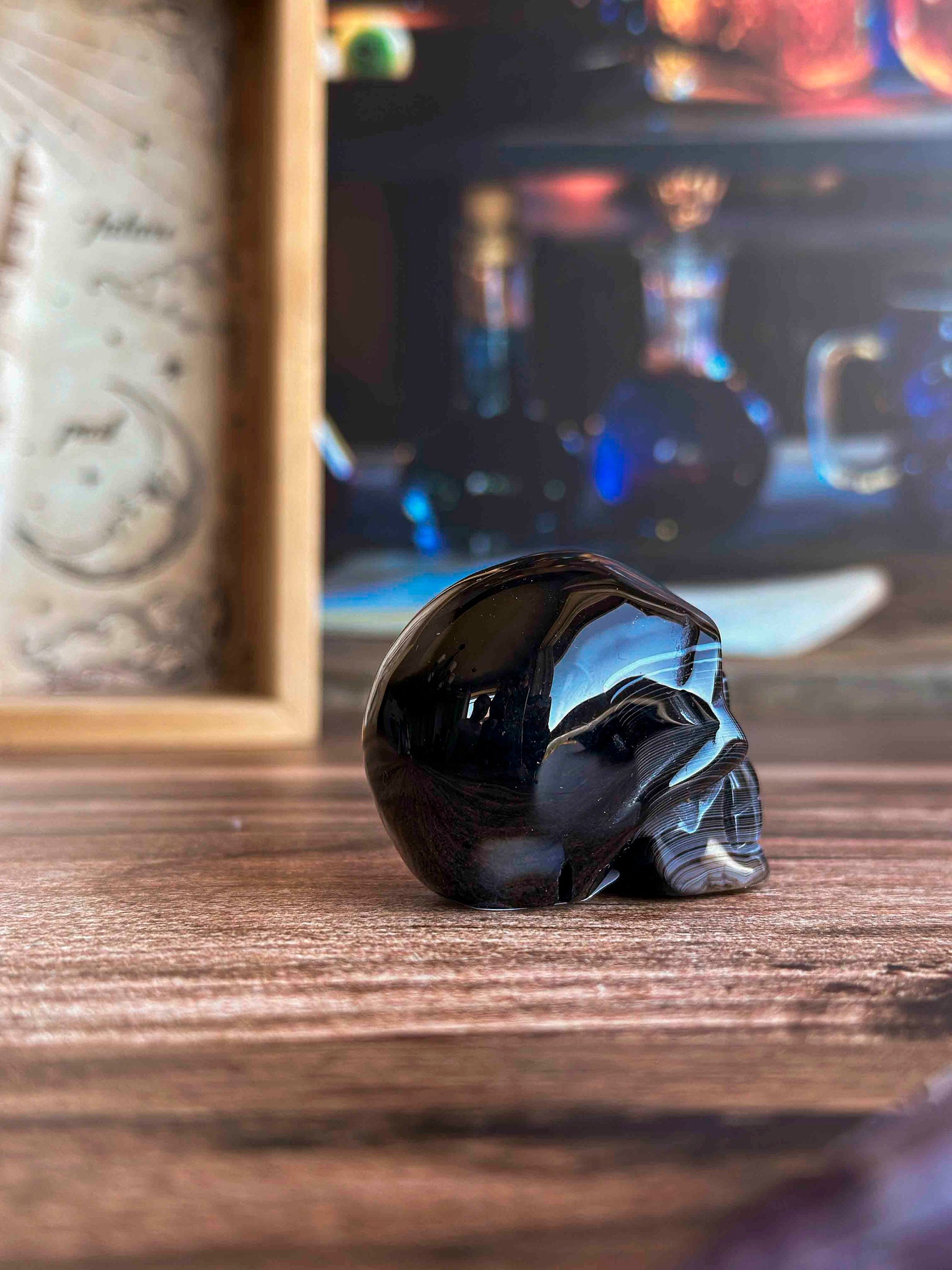 Black Onyx Crystal Skull | Stunning Gemstone Skull | Gothic Halloween Decor for lovers of the macabre and esoteric (smokyskull_1)