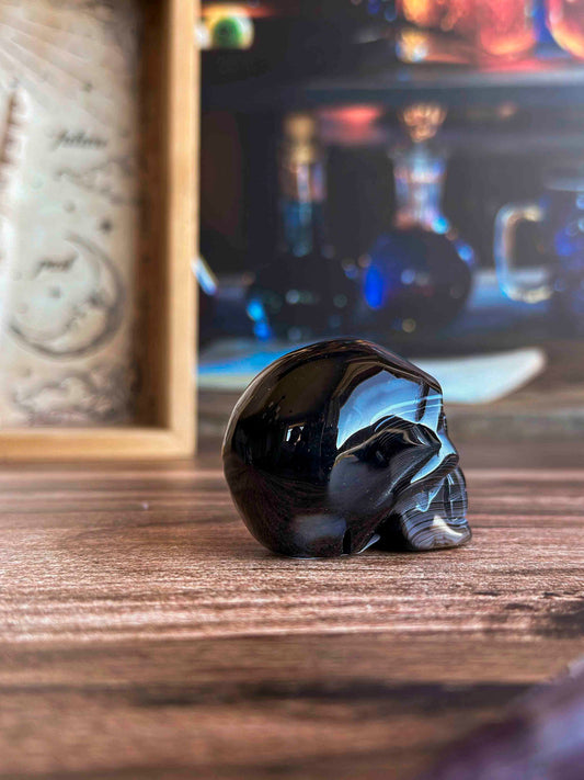Black Onyx Crystal Skull | Stunning Gemstone Skull | Gothic Halloween Decor for lovers of the macabre and esoteric (smokyskull_1)