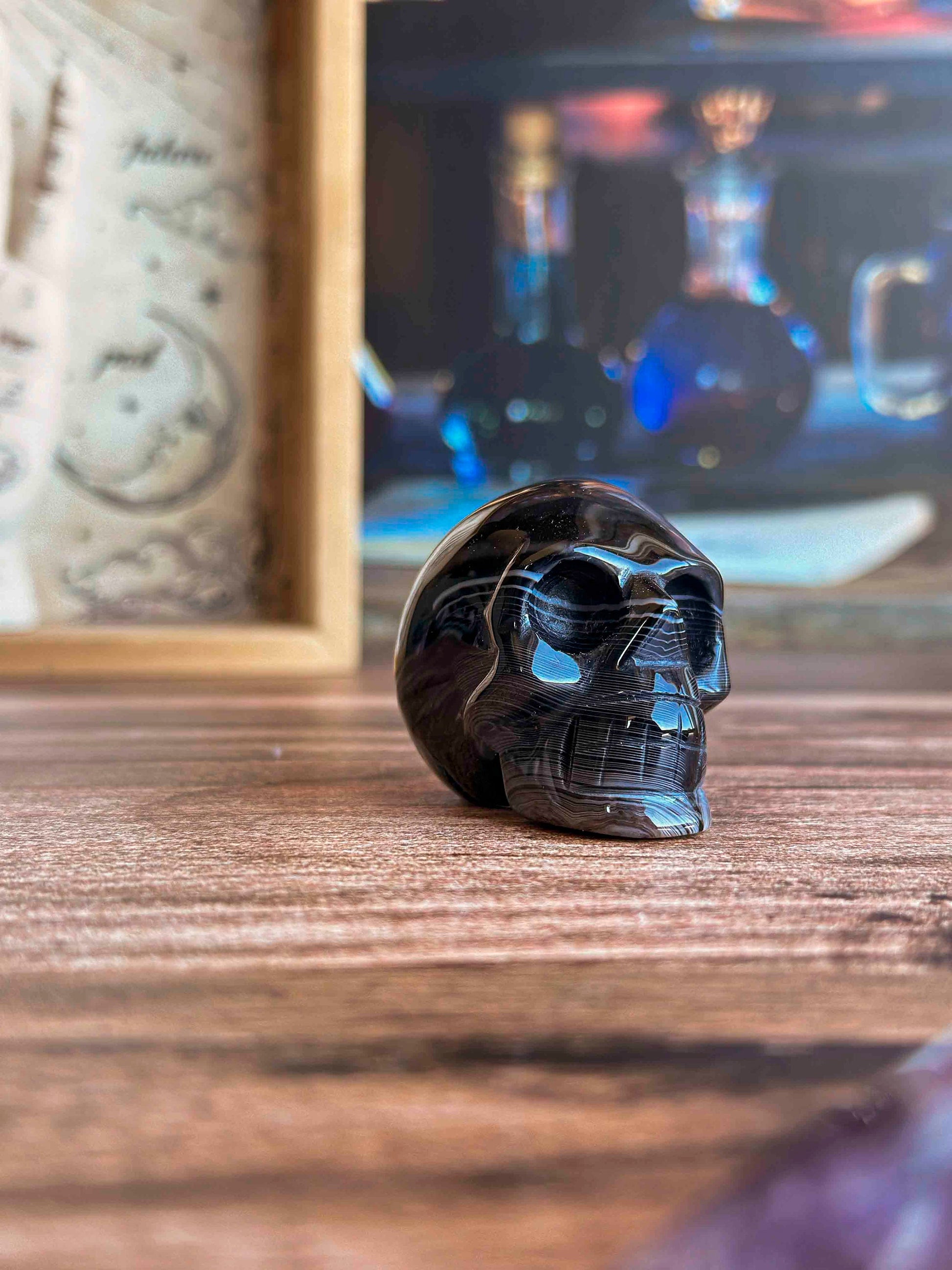 Black Onyx Crystal Skull | Stunning Gemstone Skull | Gothic Halloween Decor for lovers of the macabre and esoteric (smokyskull_1)