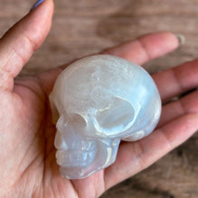 Load image into Gallery viewer, Flower Agate and Quartz Crystal Skull with soft subtle banding, Beautiful Agate Crystal Skull, Neutral tone decor (ChalSKULL-1)
