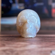 Load image into Gallery viewer, Flower Agate and Quartz Crystal Skull with soft subtle banding, Beautiful Agate Crystal Skull, Neutral tone decor (ChalSKULL-1)
