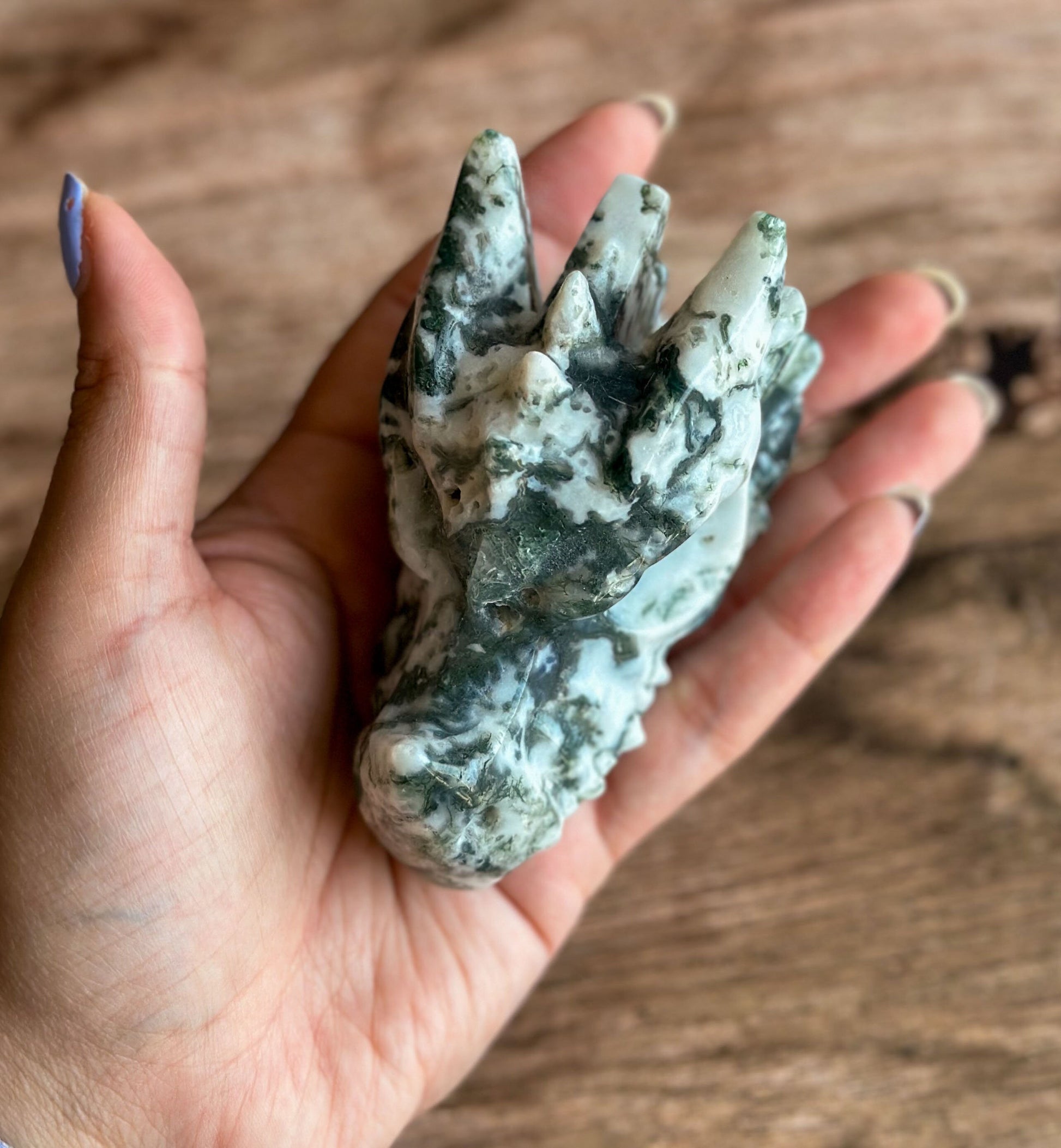 Tree Agate Dragon Head Carving | Green and white Crystal Dragon Head | Fantasy Decor for Collectors (2211-j30-TREMSS-DRGNHD-3)