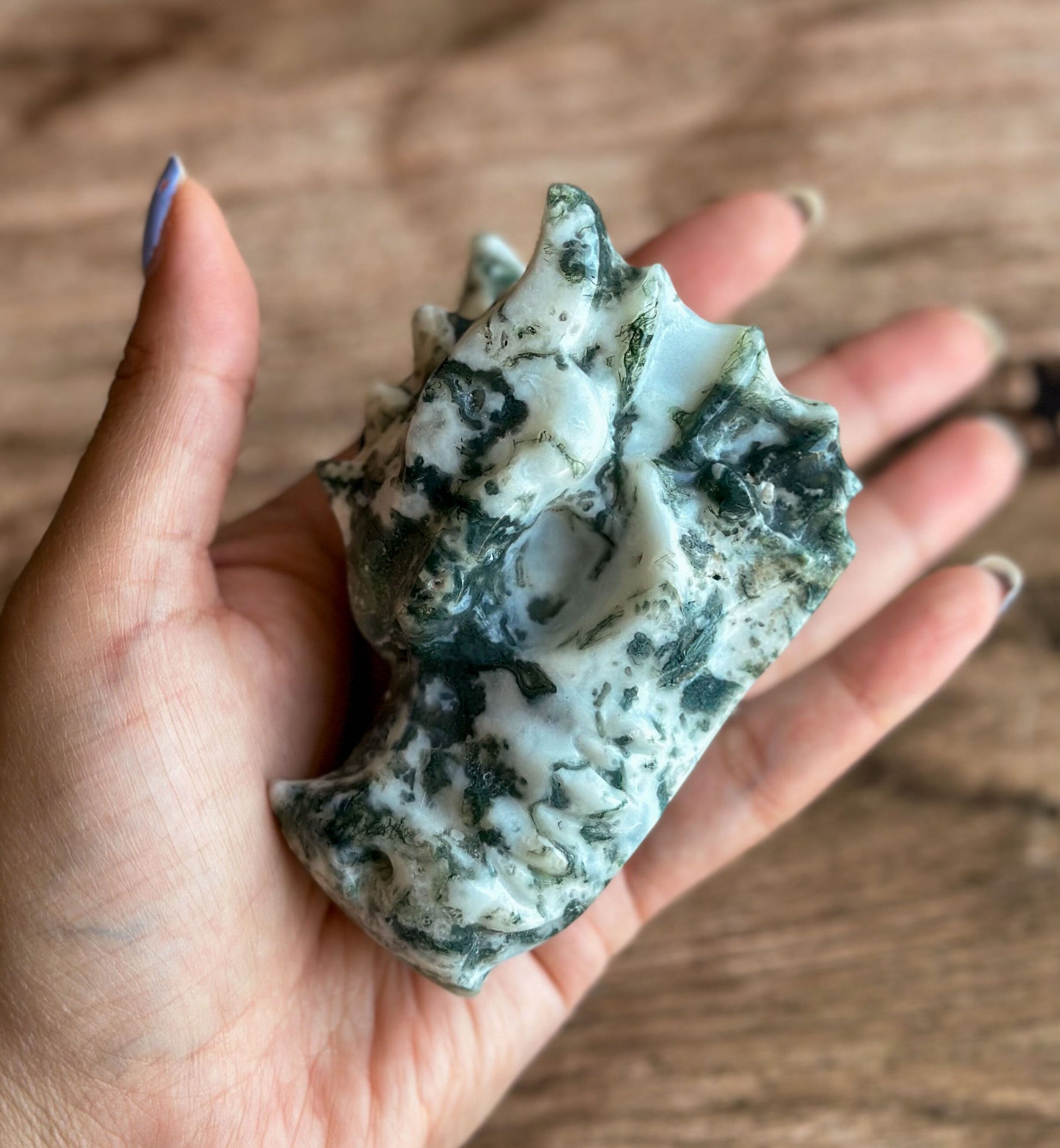 Tree Agate Dragon Head Carving | Green and white Crystal Dragon Head | Fantasy Decor for Collectors (2211-j30-TREMSS-DRGNHD-3)