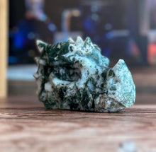 Load image into Gallery viewer, Tree Agate Dragon Head Carving | Green and white Crystal Dragon Head | Fantasy Decor for Collectors (2211-j30-TREMSS-DRGNHD-3)
