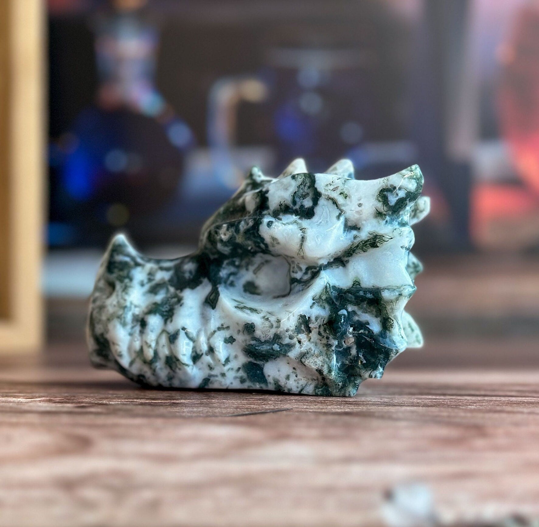 Tree Agate Dragon Head Carving | Green and white Crystal Dragon Head | Fantasy Decor for Collectors (2211-j30-TREMSS-DRGNHD-3)