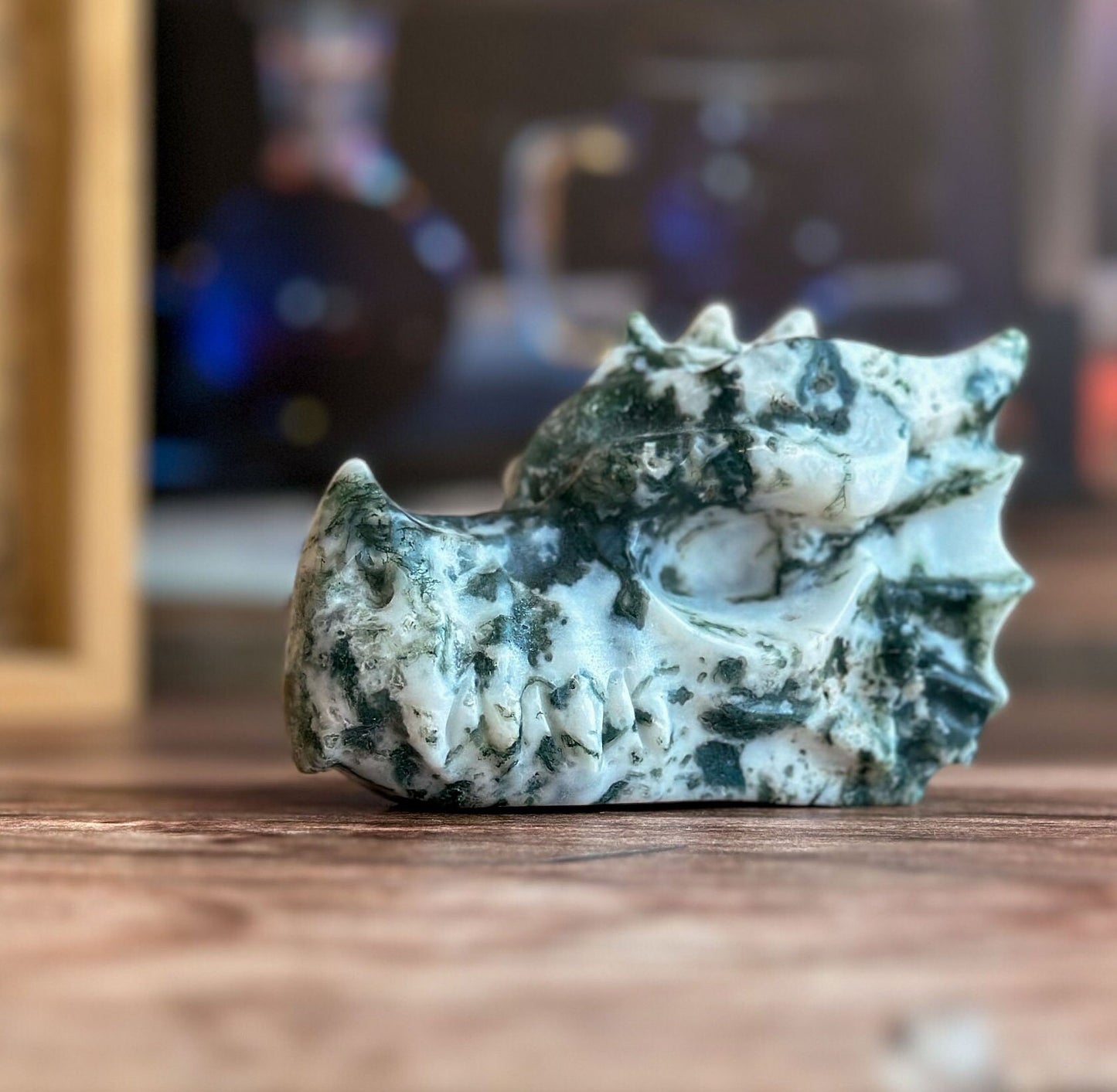 Tree Agate Dragon Head Carving | Green and white Crystal Dragon Head | Fantasy Decor for Collectors (2211-j30-TREMSS-DRGNHD-3)