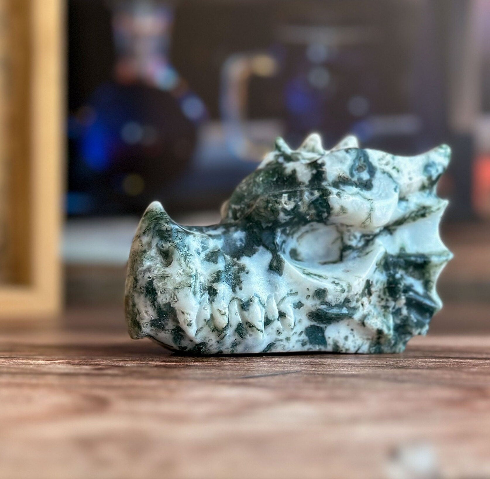 Tree Agate Dragon Head Carving | Green and white Crystal Dragon Head | Fantasy Decor for Collectors (2211-j30-TREMSS-DRGNHD-3)