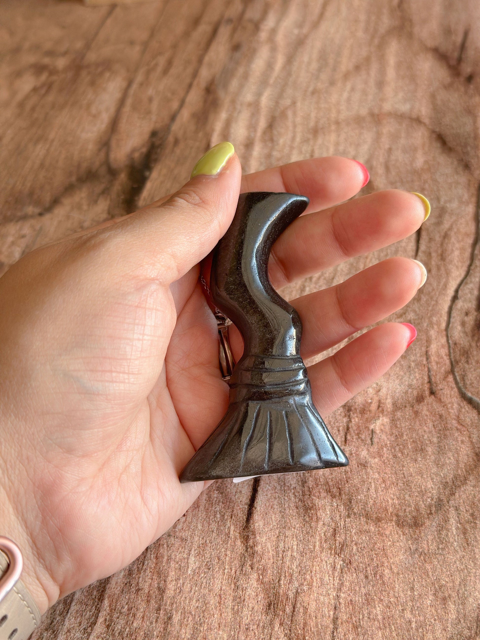 Silver Sheen Obsidian Witches Broom Carving | Handcrafted Gemstone Broomstick | Unique Witchy Decor