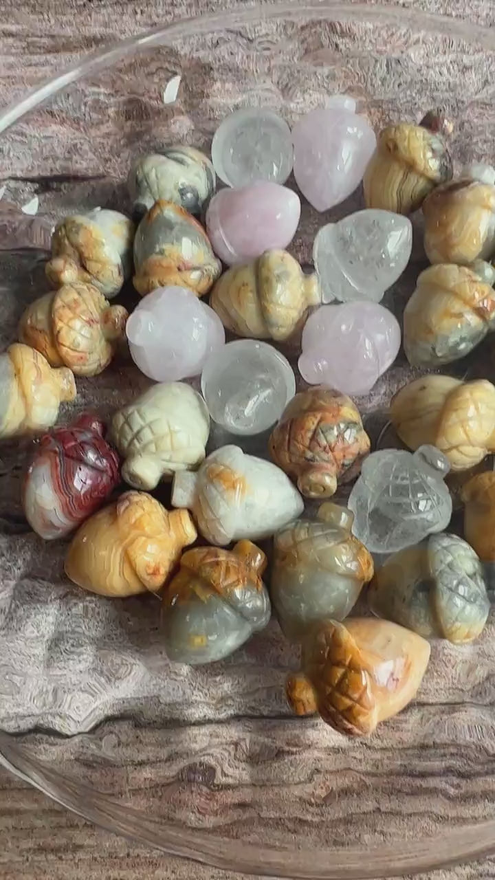 One (1) Beautifully carved 1 inch Crystal Acorn, Pick from Crazy Lace Agate, Rose Quartz, and Clear Quartz!