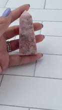 Load and play video in Gallery viewer, Gorgeous Pink Lace Agate Tower with Sparkling Druzy, approx 3 Inches tall, Gorgeous Decorative Gemstone perfect for a Pink Room. 4 sided
